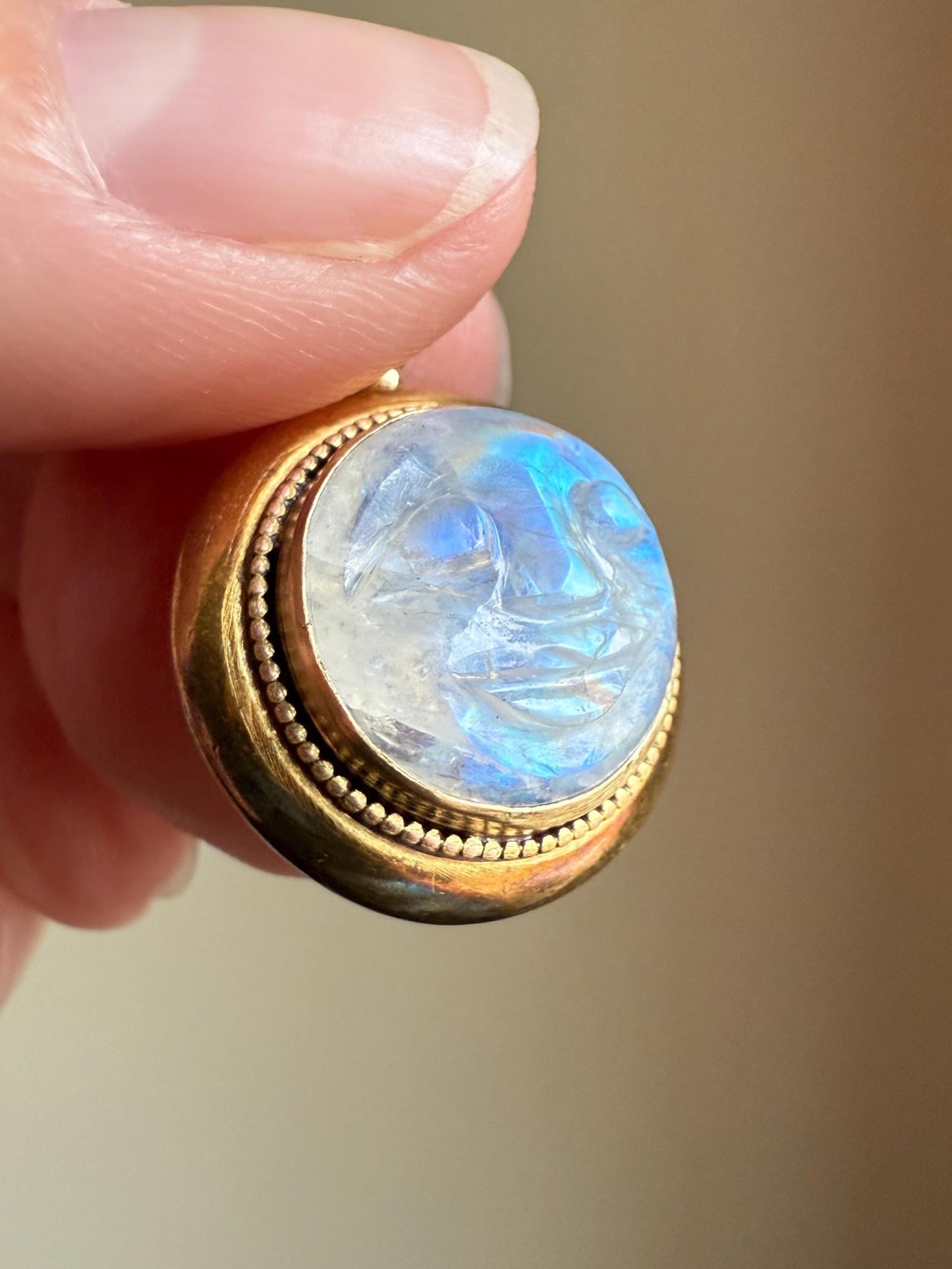 Rare VICTORIAN White LABRADORITE Blue Flash Rainbow Moonstone Smiling Man in MOON 14k Gold Antique Figural Pendant Chunky Rivet Gold Halo