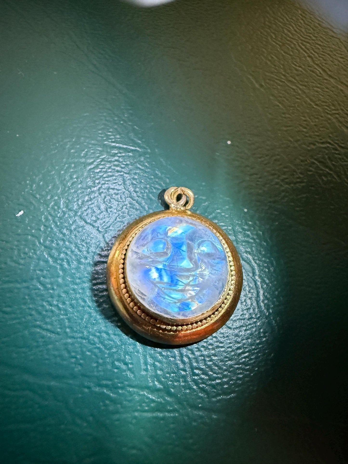 Rare VICTORIAN White LABRADORITE Blue Flash Rainbow Moonstone Smiling Man in MOON 14k Gold Antique Figural Pendant Chunky Rivet Gold Halo