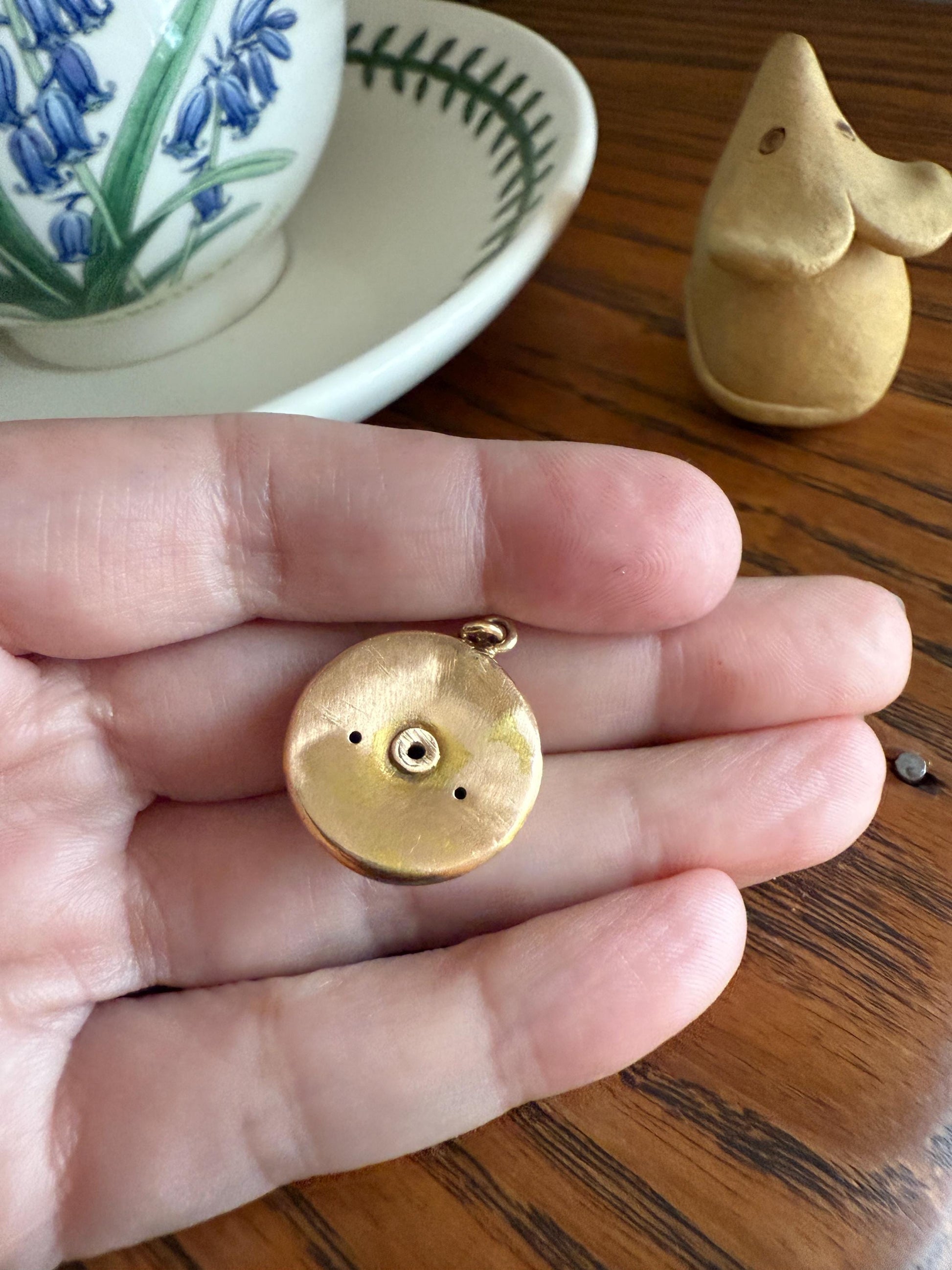 Rare VICTORIAN White LABRADORITE Blue Flash Rainbow Moonstone Smiling Man in MOON 14k Gold Antique Figural Pendant Chunky Rivet Gold Halo