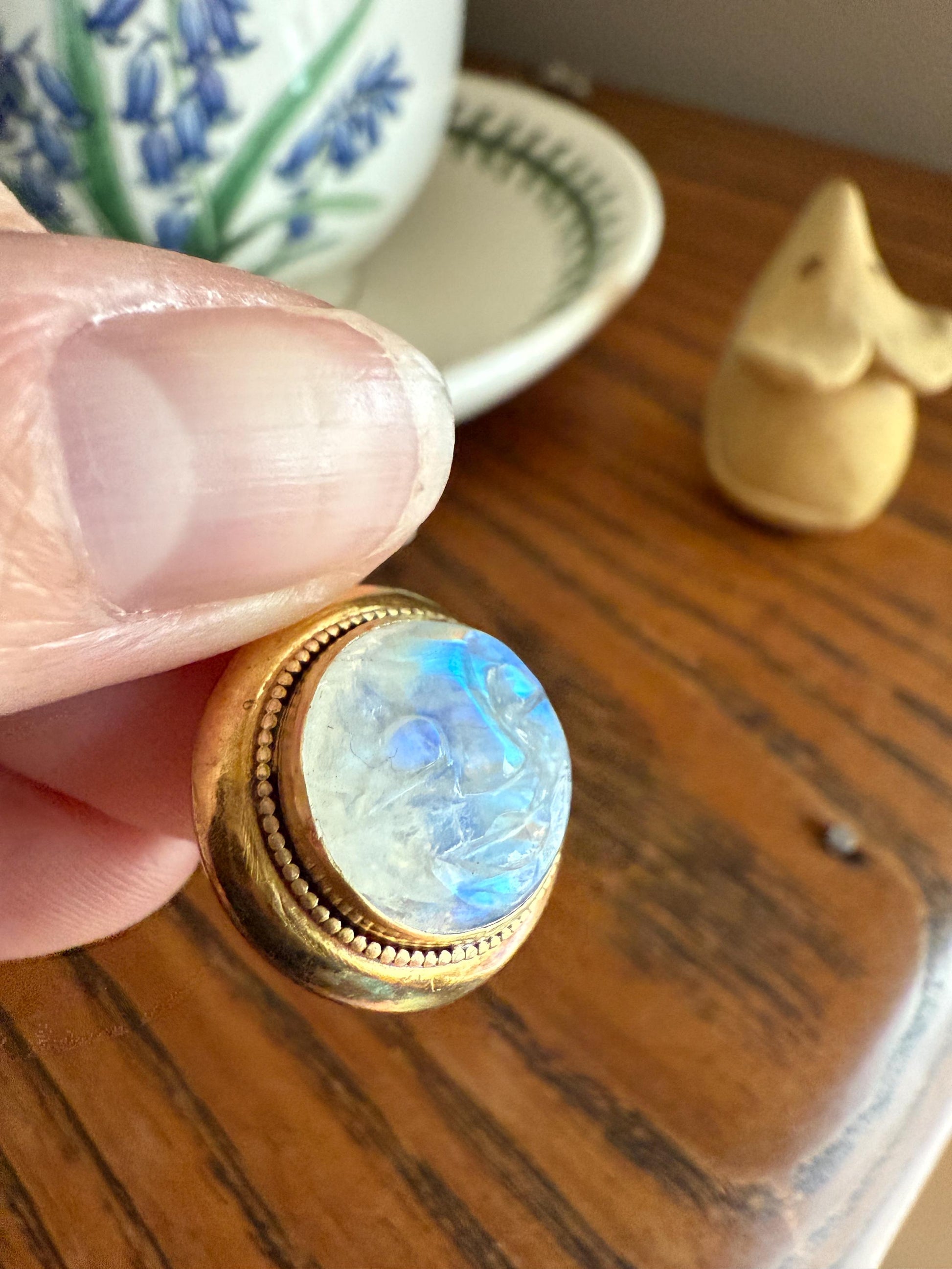 Rare VICTORIAN White LABRADORITE Blue Flash Rainbow Moonstone Smiling Man in MOON 14k Gold Antique Figural Pendant Chunky Rivet Gold Halo
