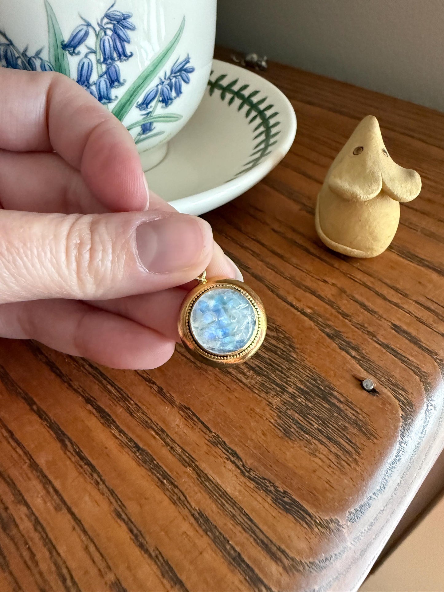 Rare VICTORIAN White LABRADORITE Blue Flash Rainbow Moonstone Smiling Man in MOON 14k Gold Antique Figural Pendant Chunky Rivet Gold Halo