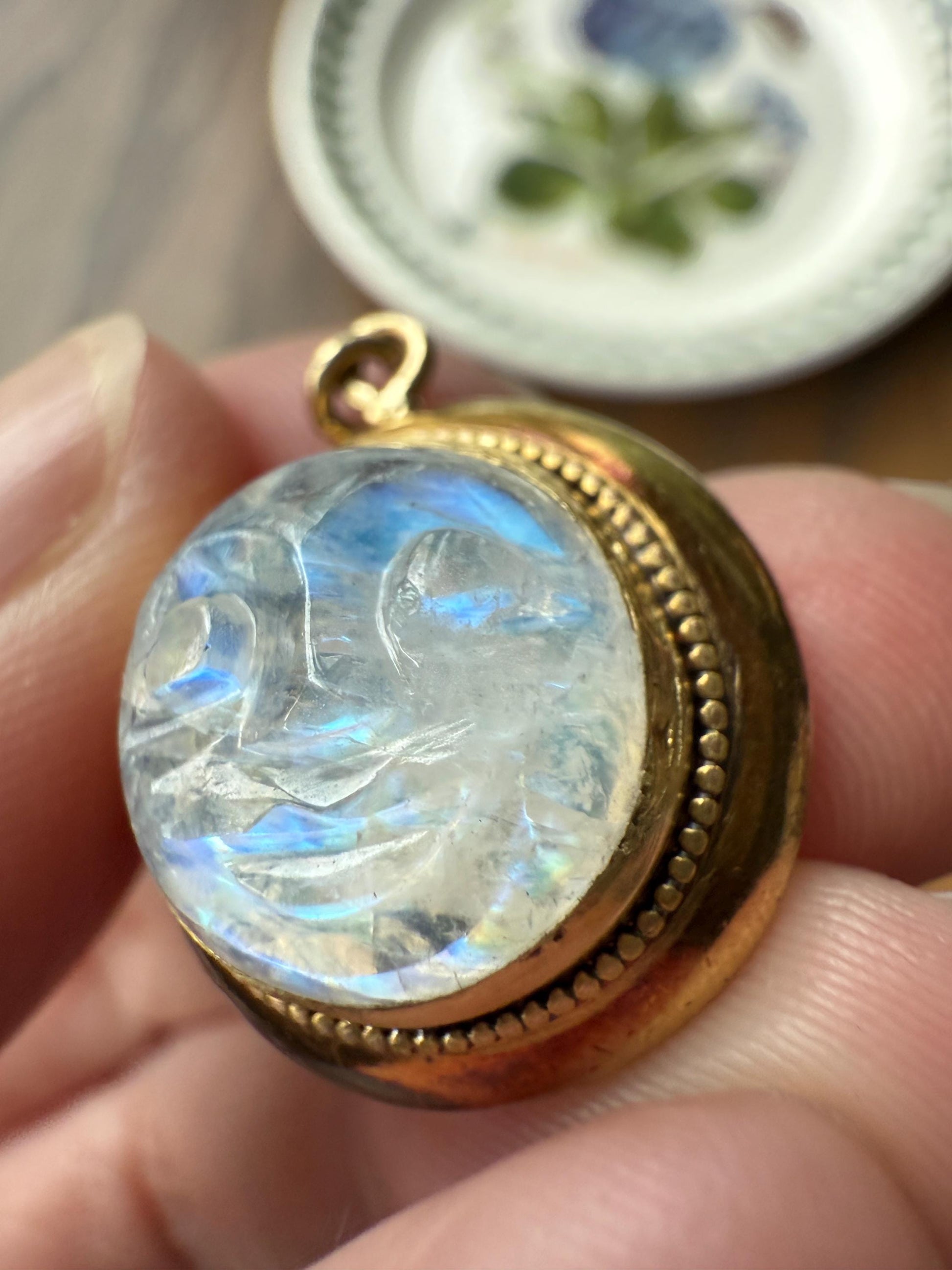 Rare VICTORIAN White LABRADORITE Blue Flash Rainbow Moonstone Smiling Man in MOON 14k Gold Antique Figural Pendant Chunky Rivet Gold Halo