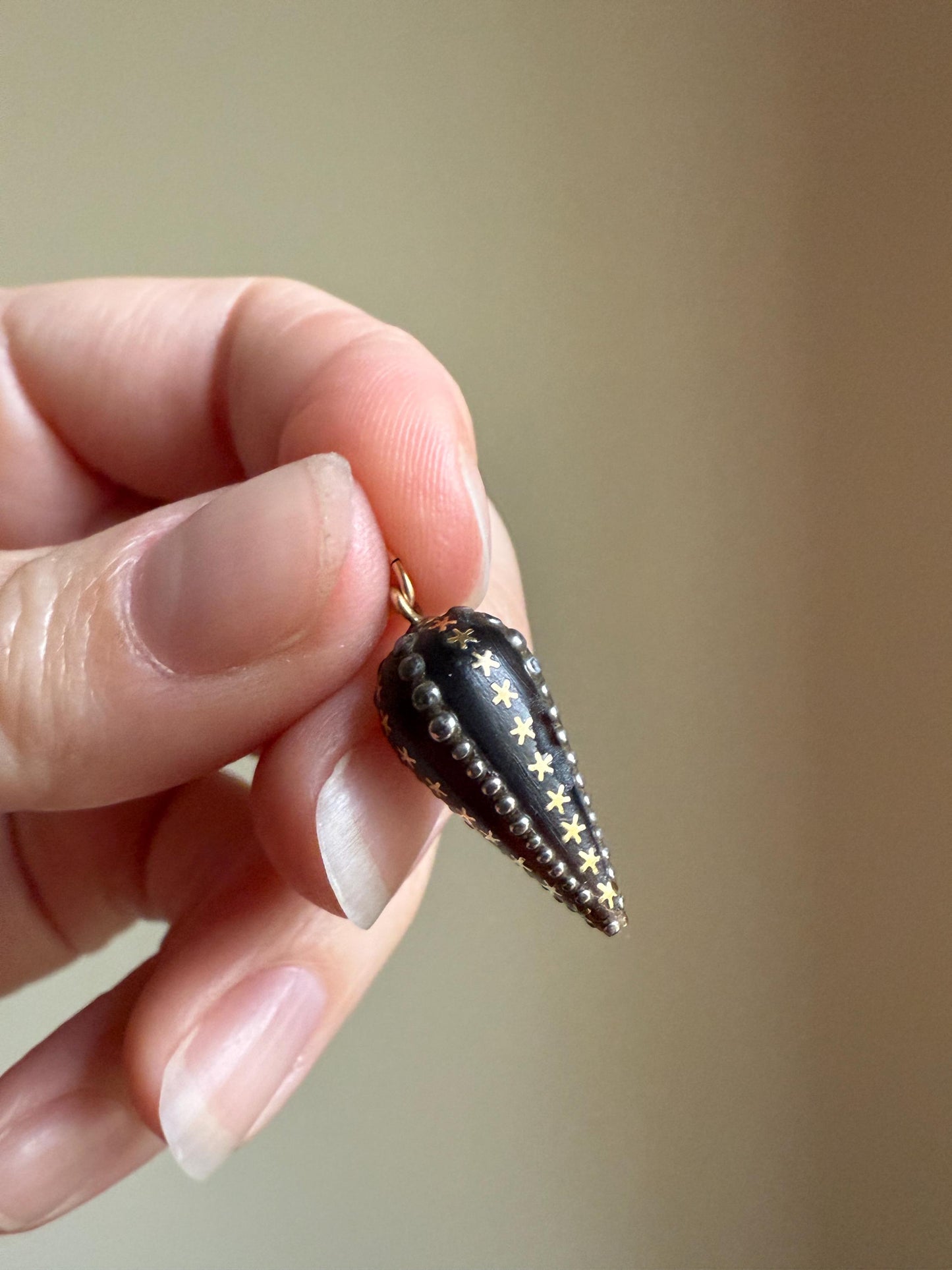 STARS French ANTIQUE 18k Gold Inlay Silver Beaded Rivet Torpedo Studded Drop Pendant Cone Teardrop Obelisk Spike 10k Gold Jump Unique Gift