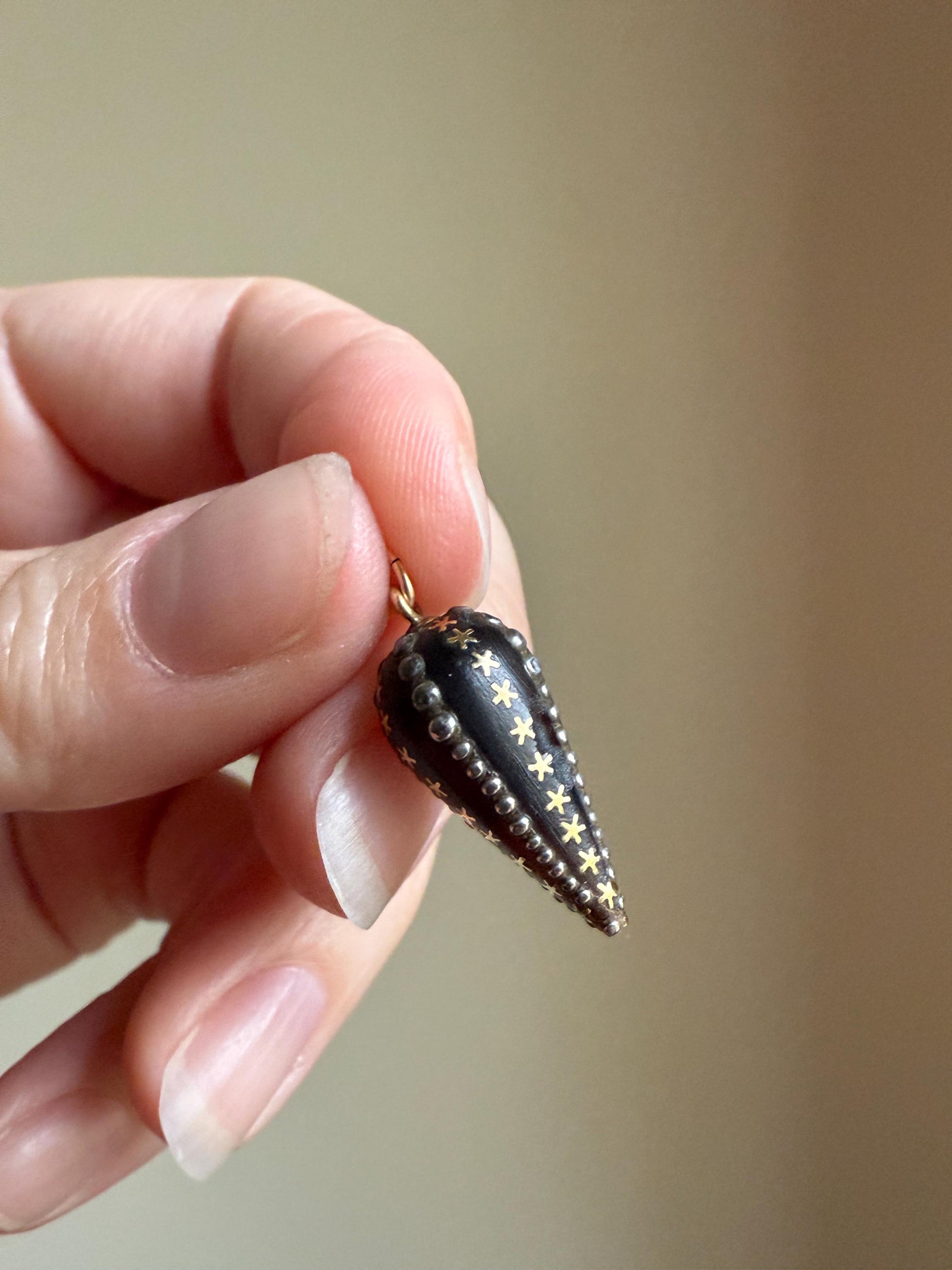 STARS French ANTIQUE 18k Gold Inlay Silver Beaded Rivet Torpedo Studded Drop Pendant Cone Teardrop Obelisk Spike 10k Gold Jump Unique Gift