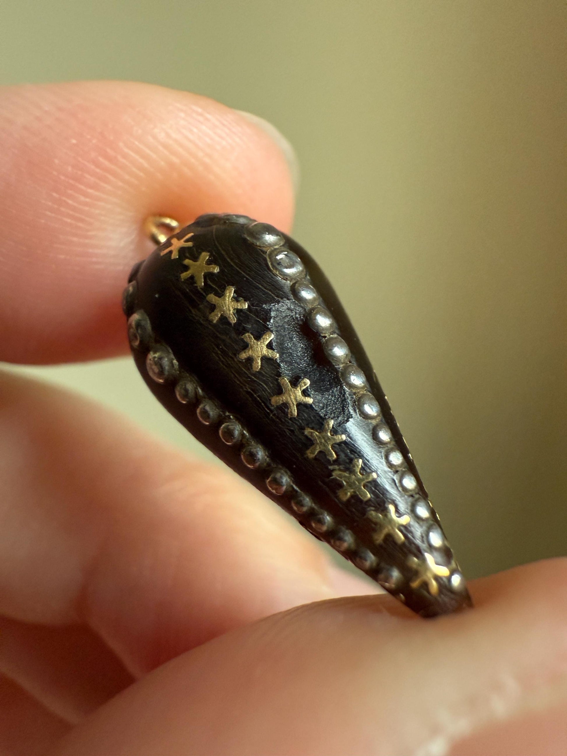 STARS French ANTIQUE 18k Gold Inlay Silver Beaded Rivet Torpedo Studded Drop Pendant Cone Teardrop Obelisk Spike 10k Gold Jump Unique Gift