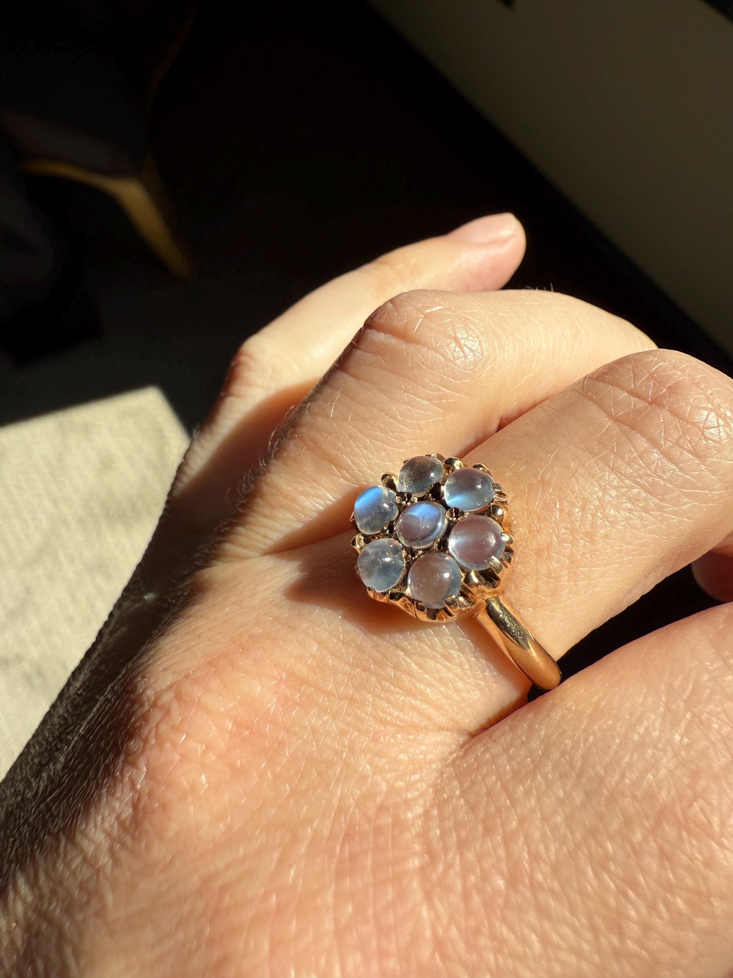 MOONSTONE Daisy Cluster Halo Ring Vintage to Art Deco Antique 14k Gold Seven Stone Blue Flash Chunky Glowing Orbs Unique Romantic Gift Glow