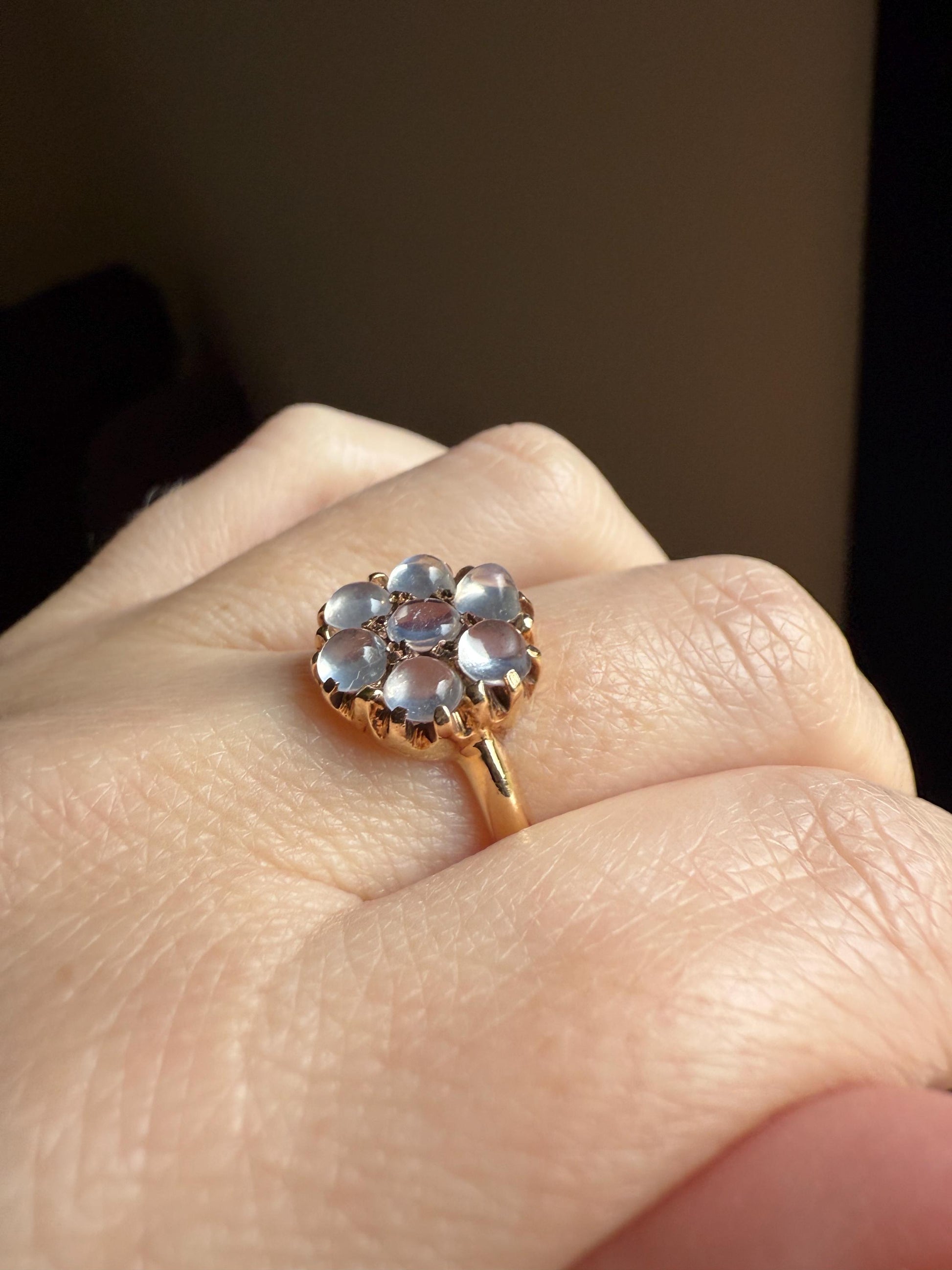 MOONSTONE Daisy Cluster Halo Ring Vintage to Art Deco Antique 14k Gold Seven Stone Blue Flash Chunky Glowing Orbs Unique Romantic Gift Glow