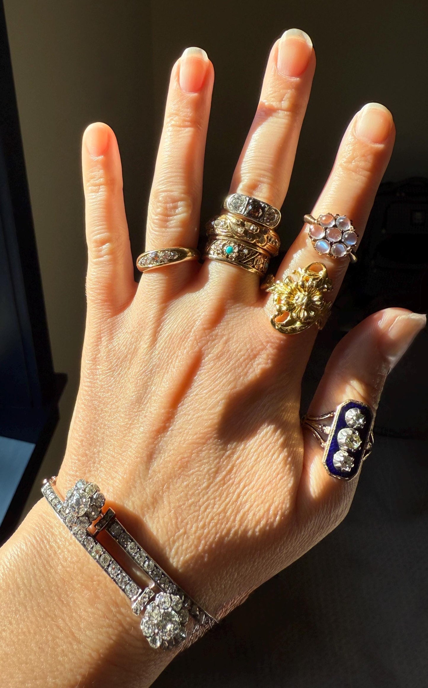 French Antique Georgian Bague Au Firmament .8 Carat Old Mine Cut Diamond Blue Enamel 18k Gold Ring of Heaven STAR Victorian Ornate Band OmC