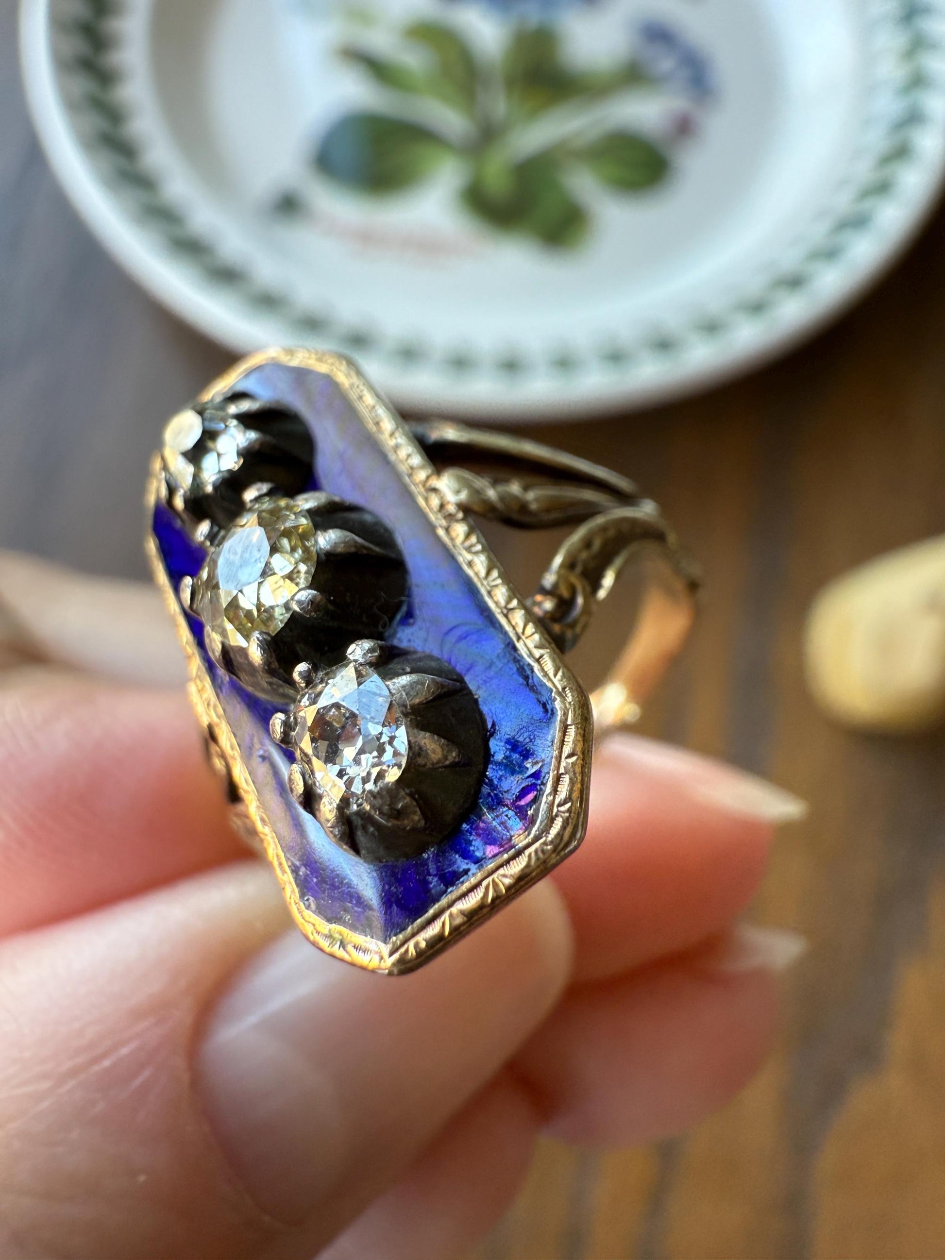French Antique Georgian Bague Au Firmament .8 Carat Old Mine Cut Diamond Blue Enamel 18k Gold Ring of Heaven STAR Victorian Ornate Band OmC