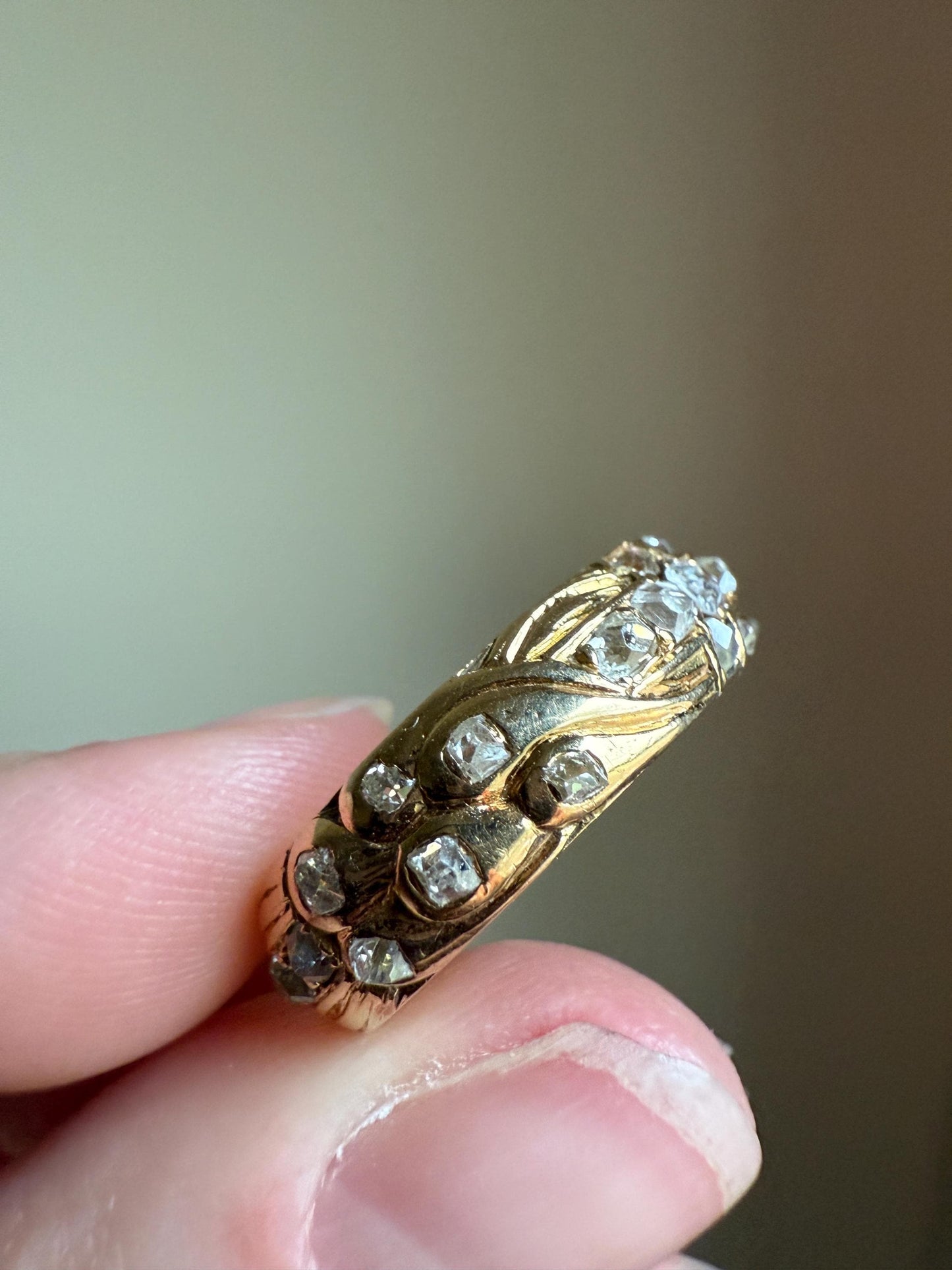 HEAVY One of a Kind Chunky Elongated 1.5ctw Old Mine Cut DIAMOND Encrusted Eternity Band French c1939 Ring 9.6g 18k Gold Anniversary? Dated