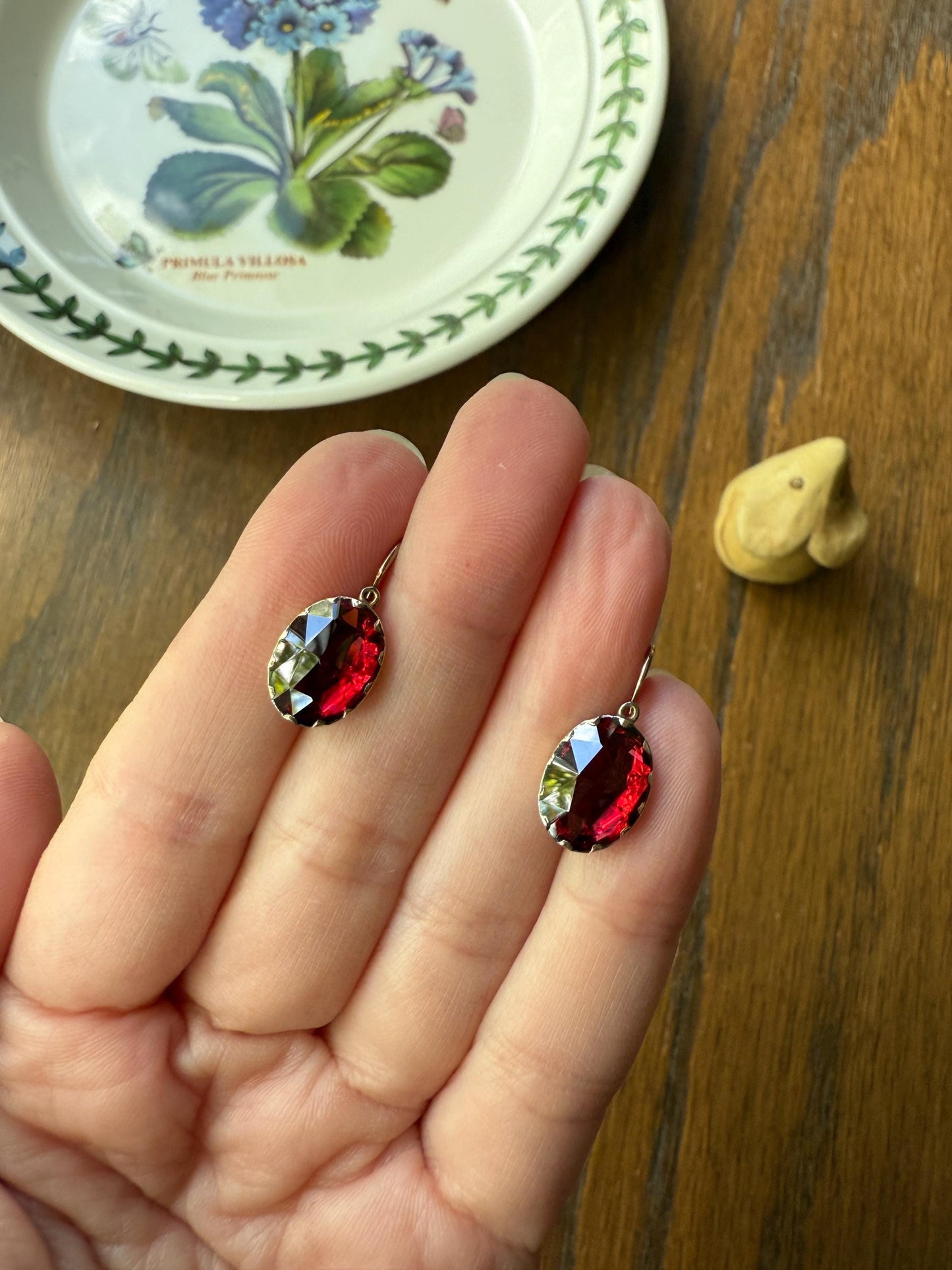 Dormeuse Antique PERPIGNAN GARNET Earrings 18k Gold Rose Cut Original Victorian Closed Back Almandine Glowing Crimson Berry Pinkish Red