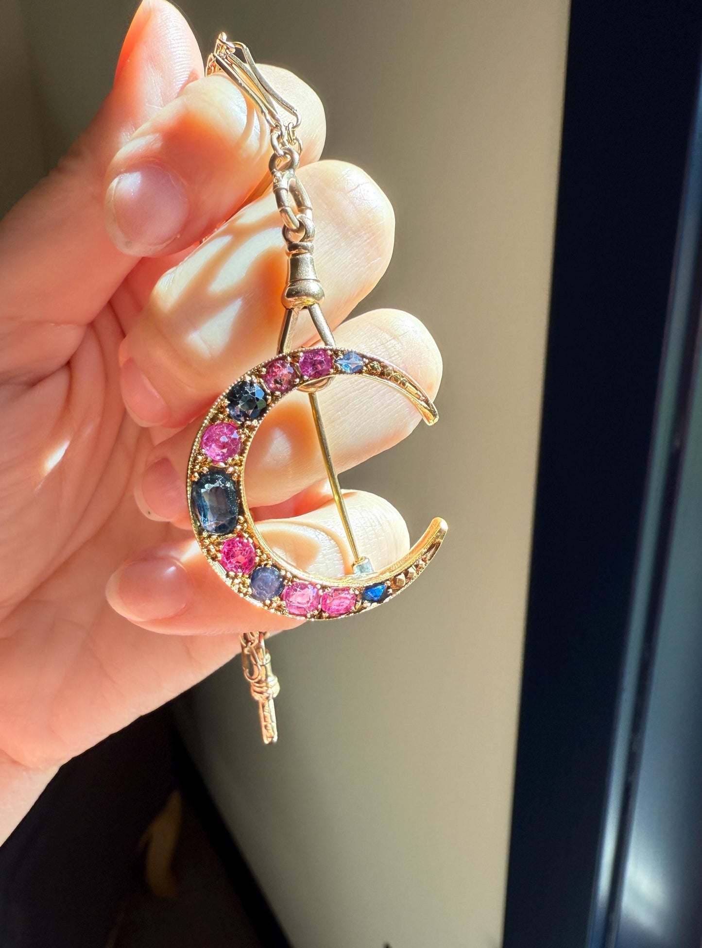 MOON Alternating Pink & Blue SAPPHIRE French Victorian ANTIQUE Pin Brooch for Pendant Romantic Gift Victorian Belle Epoque Figural Ruby
