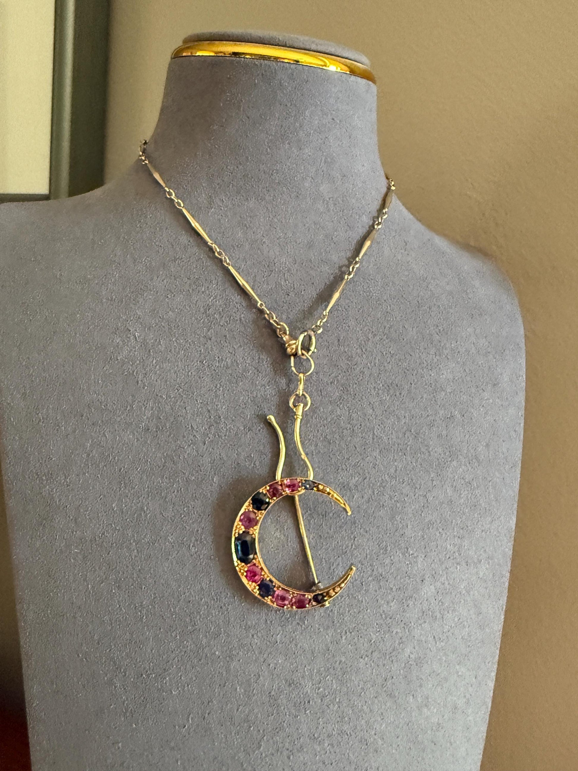 MOON Alternating Pink & Blue SAPPHIRE French Victorian ANTIQUE Pin Brooch for Pendant Romantic Gift Victorian Belle Epoque Figural Ruby
