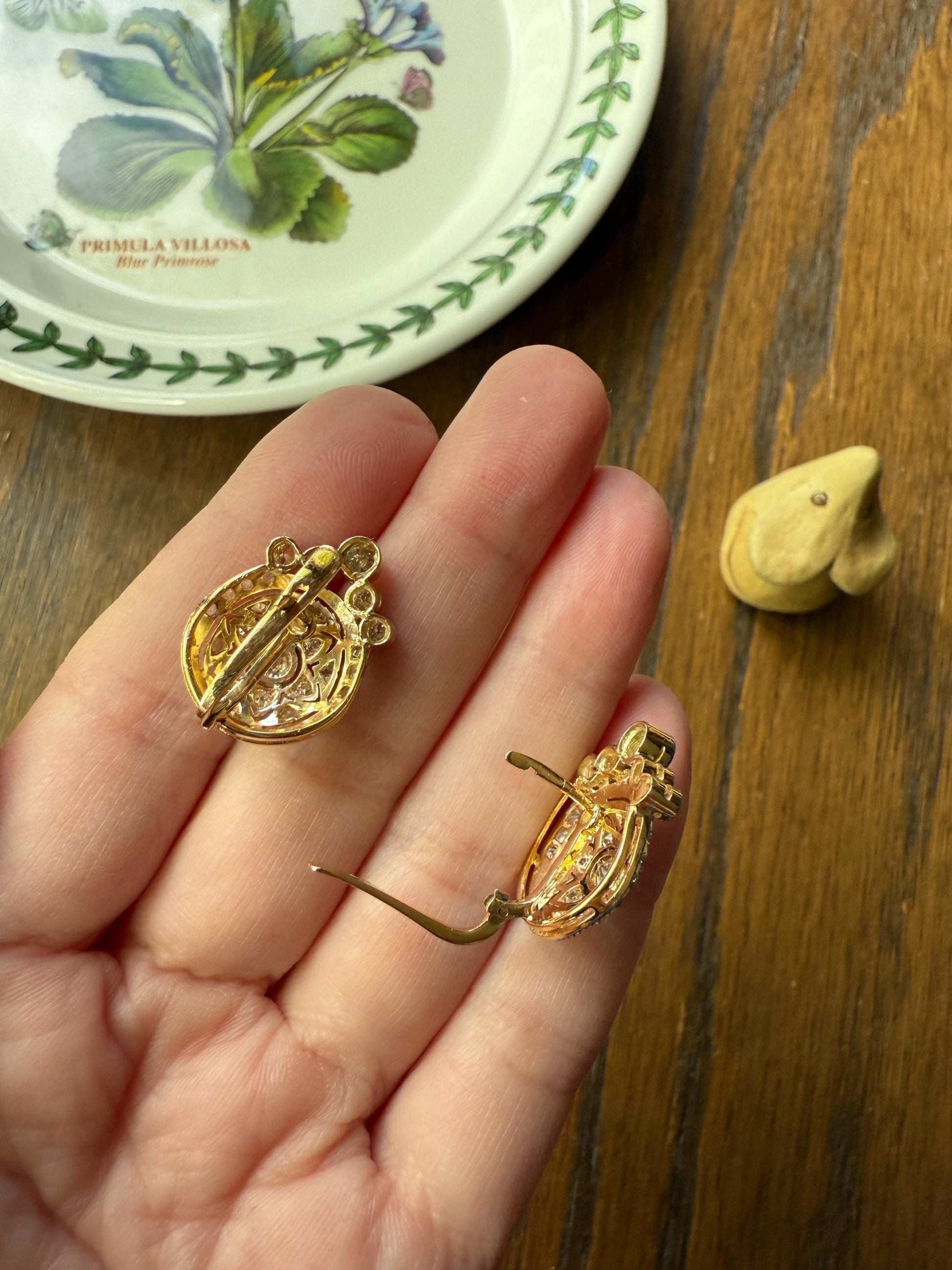 Crowned Circle Earrings Large Studs Antique 2.5 Carat Old Mine Rose Cut DIAMOND Cluster 18k Gold Halo Floral Star Rare 2.5Ct OmC Bridal