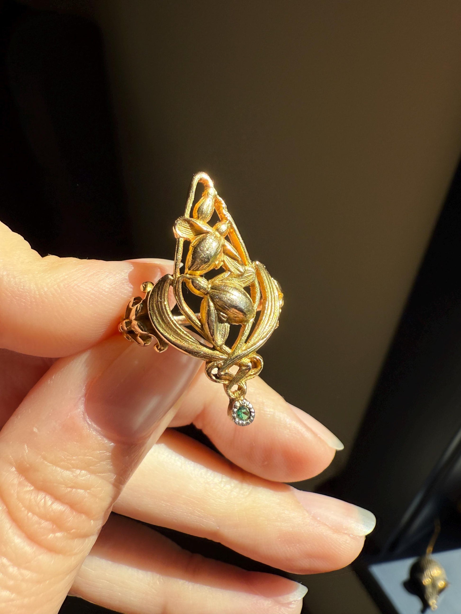 Delicious Floral French Art NOUVEAU Antique Belle Epoque Rose SWIRL Whiplash 18k Gold Ring Snowdrops Crocus Cyclamen Large 1.1" Love Gift