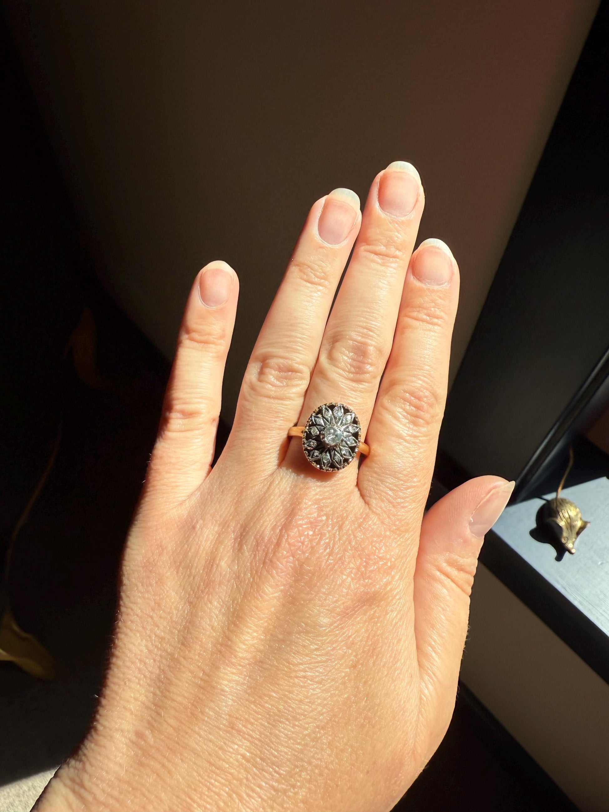 Georgian Era Antique Spanish Iberian Rose Cut Diamond Ring Oval Floral Sunburst Cupped Domed Back 18k Gold Silver Unique Foiled Stacker Gift