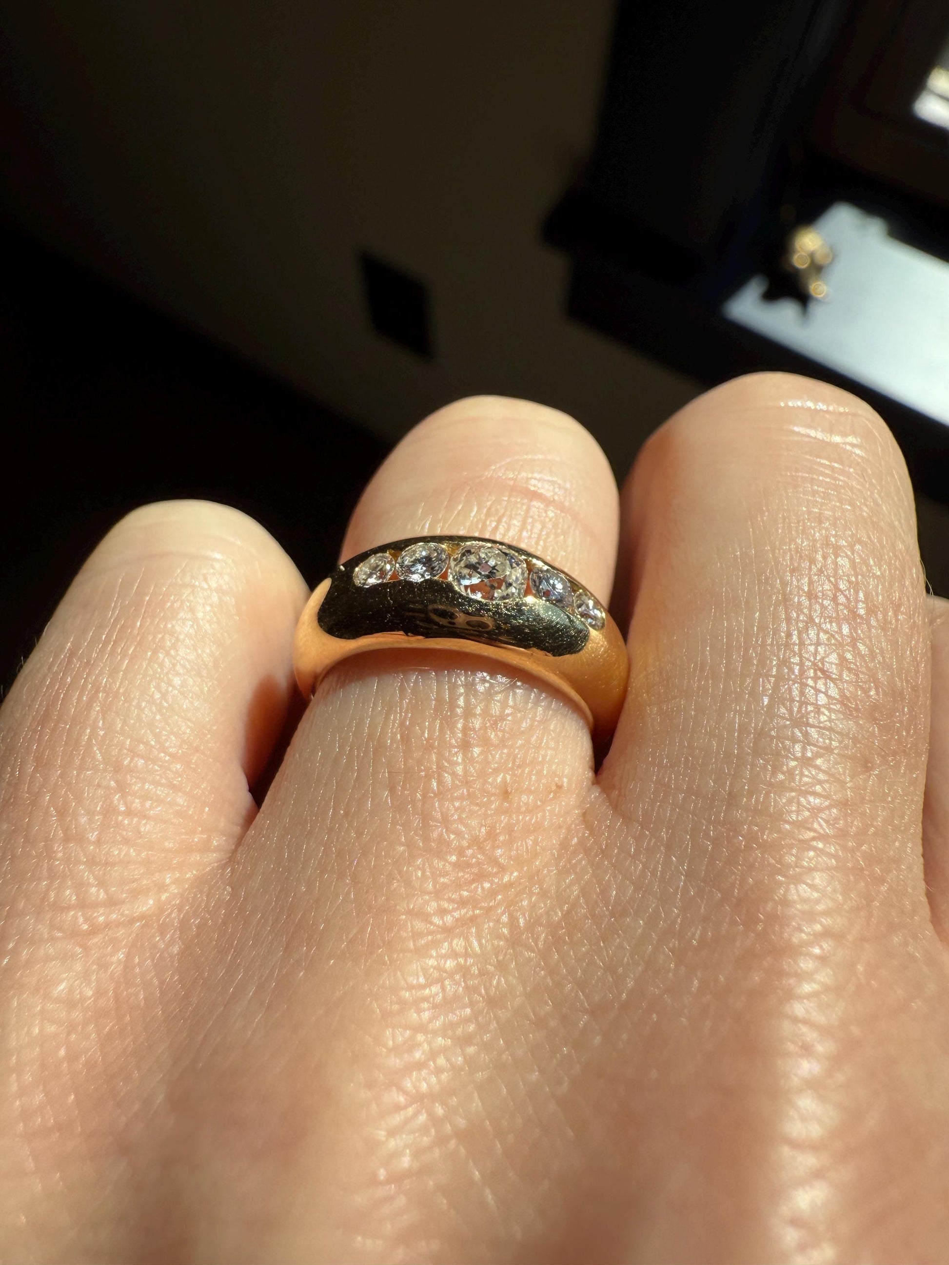 French Vintage .6 Carat Five Stone Ring Antique Old Mine Cut DIAMOND Center Wide Band 18k Gold Solid Stacker Chunky Domed Love Gift OmC