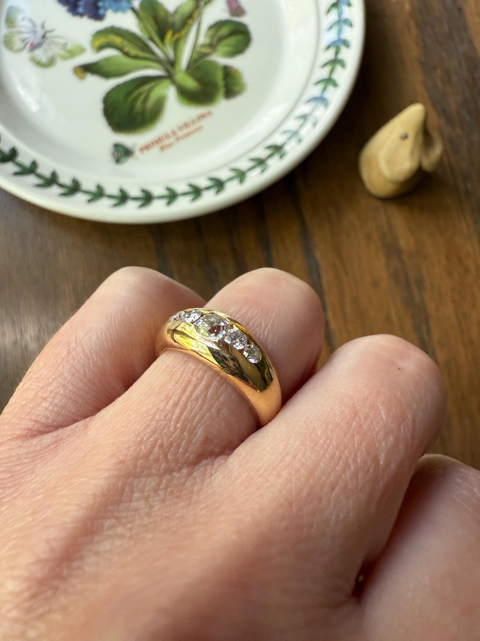 French Vintage .6 Carat Five Stone Ring Antique Old Mine Cut DIAMOND Center Wide Band 18k Gold Solid Stacker Chunky Domed Love Gift OmC