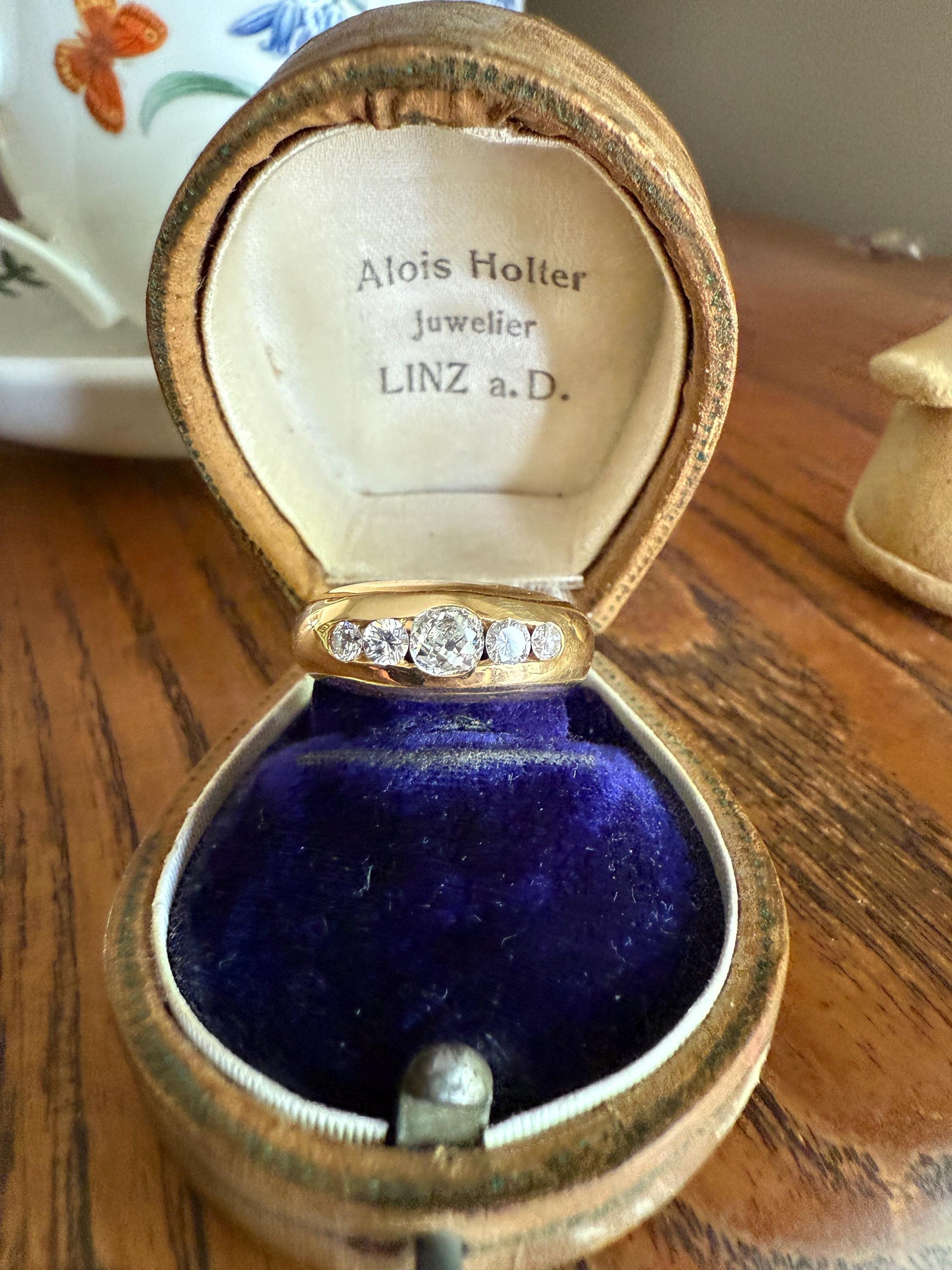 French Vintage .6 Carat Five Stone Ring Antique Old Mine Cut DIAMOND Center Wide Band 18k Gold Solid Stacker Chunky Domed Love Gift OmC