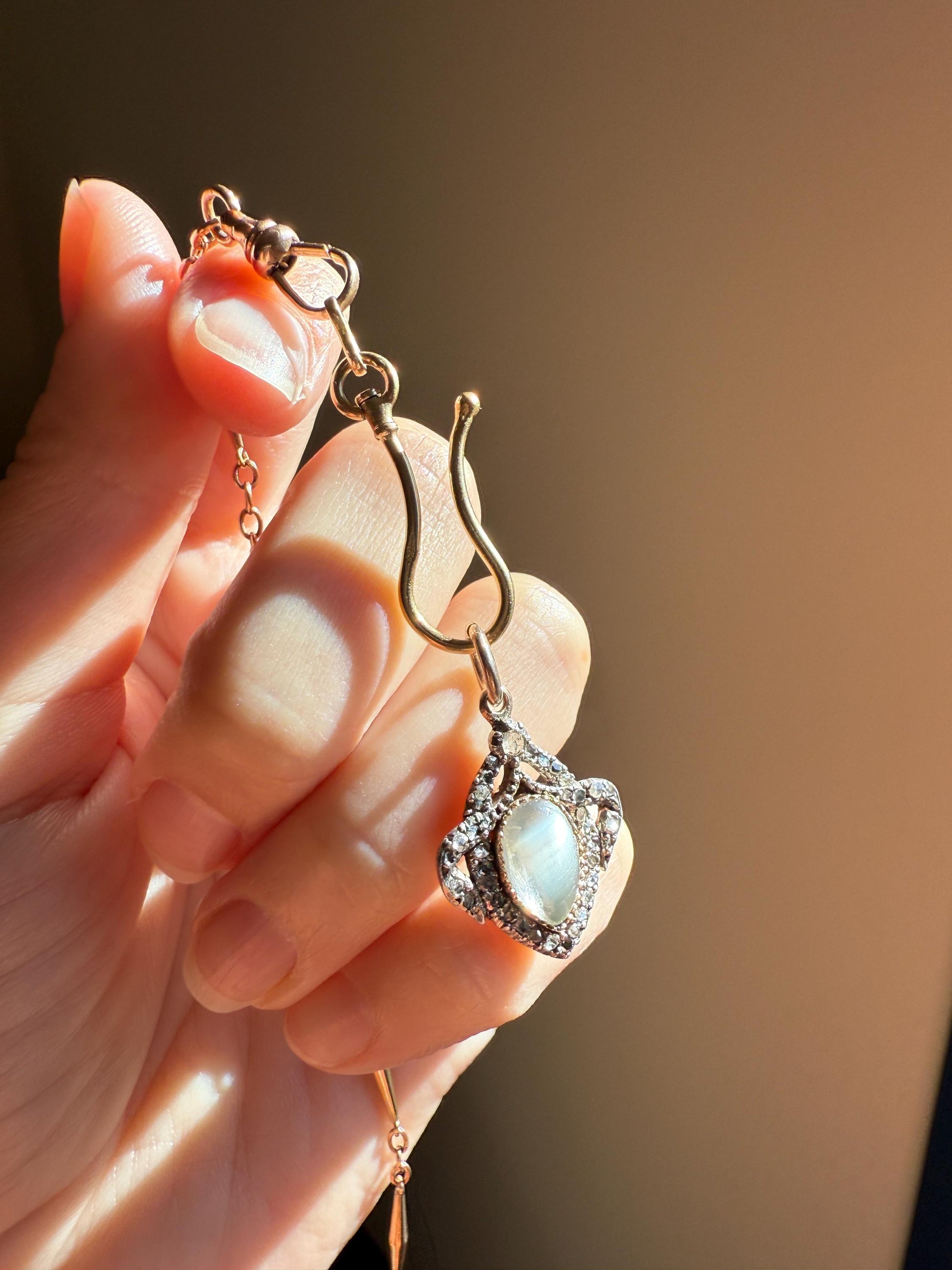 GEORGIAN Antique Bowed HEART Garland Halo Locket Back Pendant 10k Gold Silver Moonstone Rose Cut DIAMOND Magnifier Gift Figural Victorian