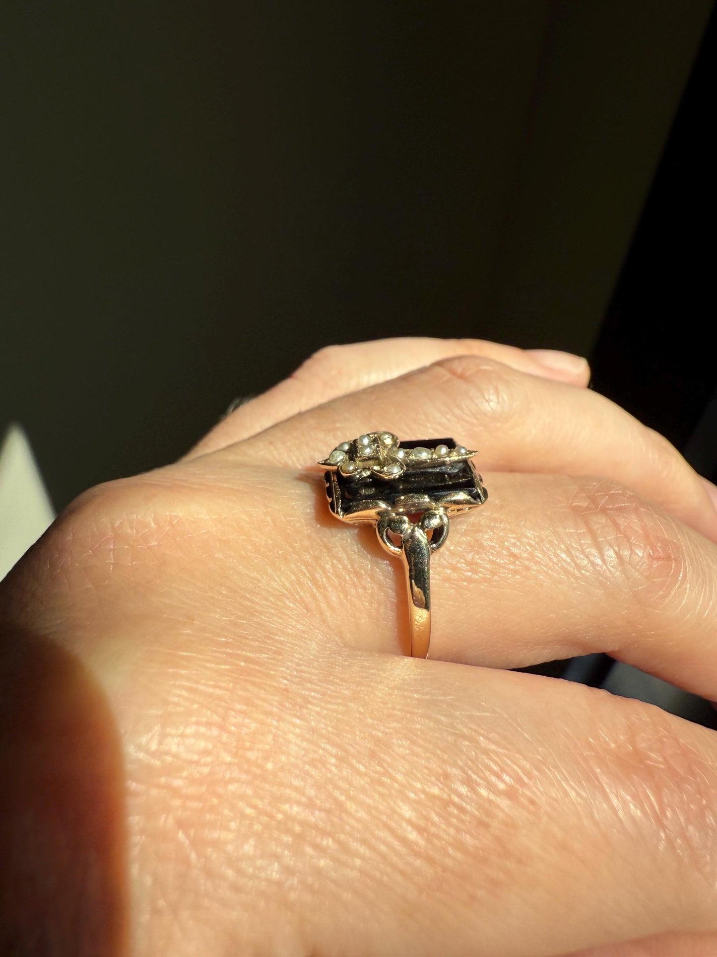 FLEUR De Lis ANTIQUE Figural Black Onyx Ring 10k Gold Figural Unique Gift Art Deco Stacker Flower of the Lily French Symbol Seed Pearl Inlay