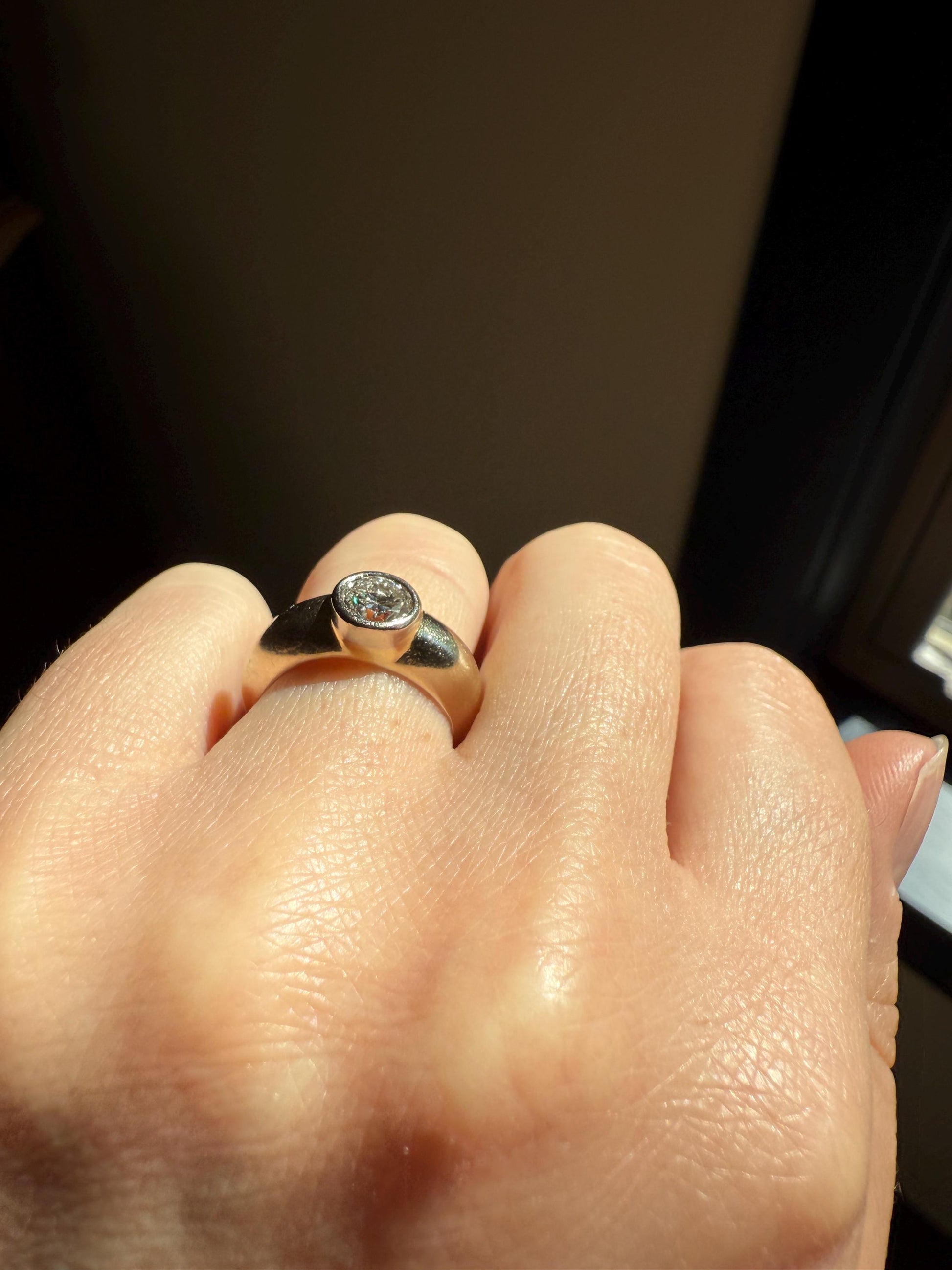 Vintage .73 Carat Transitional Cut DIAMOND Bezel Set Ring Stacker Band 18k Gold Pale Yellow Solitaire Geometric Engagement Romantic Gift