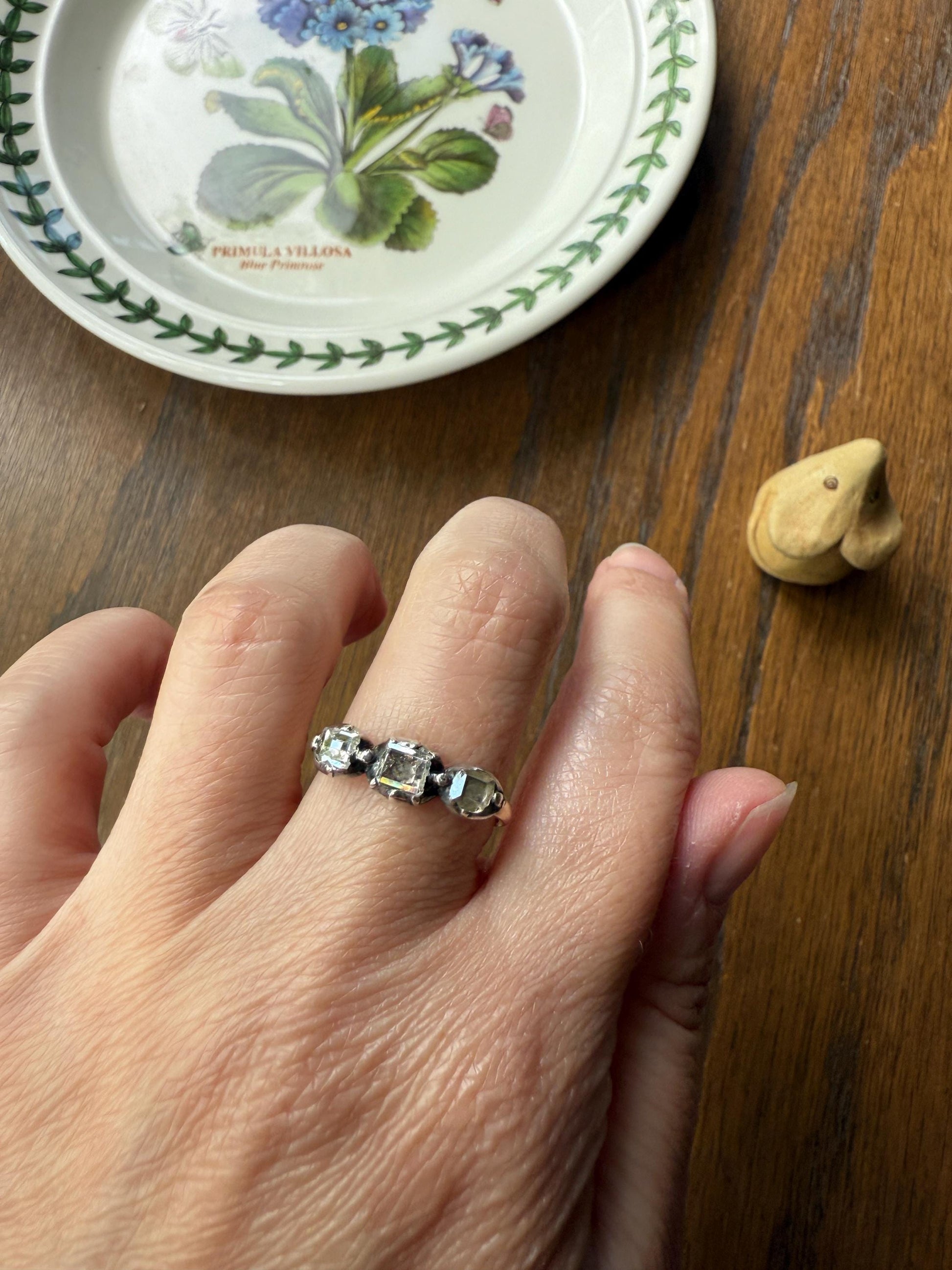 Table Cut DIAMOND Three Stone Stacker Band Antique 18k Gold Five Stone Ring Half Hoop Stacker Gift Foil Silver Collet Georgian Victorian