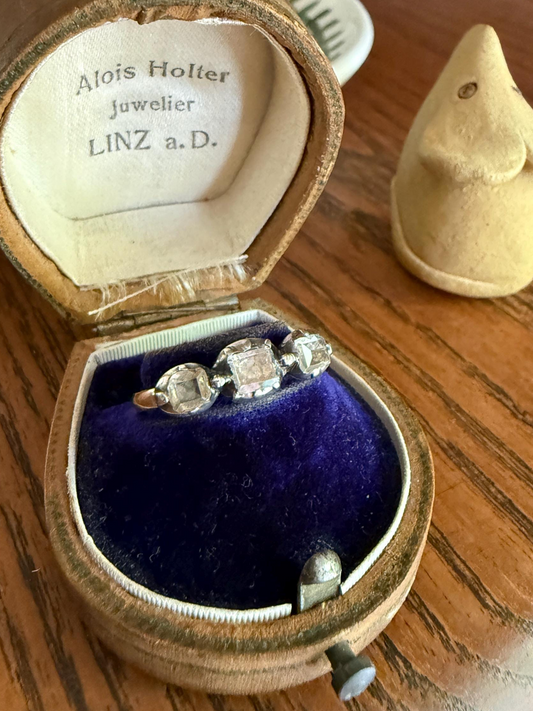 Table Cut DIAMOND Three Stone Stacker Band Antique 18k Gold Ring Half Hoop Romantic Gift Foil Silver Collet Georgian Victorian