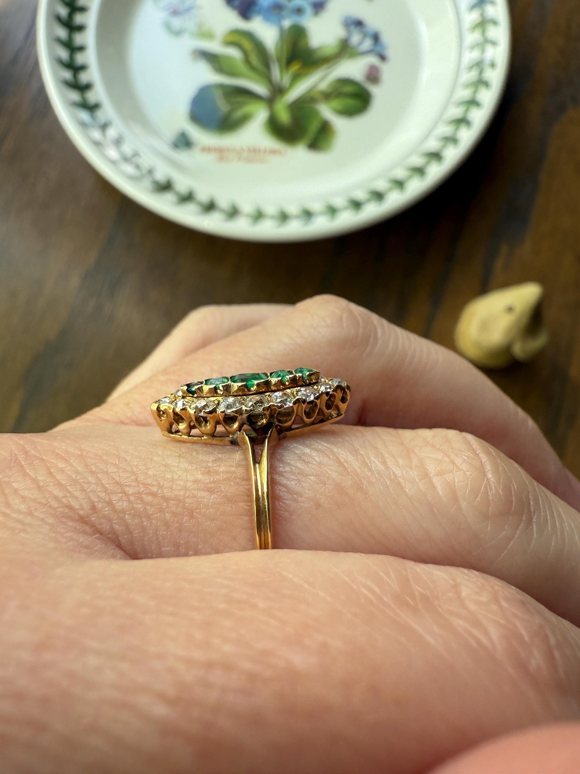Emerald Five Stone Antique Old Mine Cut DIAMOND Halo Navette Ring 18k Gold Skinny Green Sparkle Stacker Victorian Romantic Gift Linear OMC