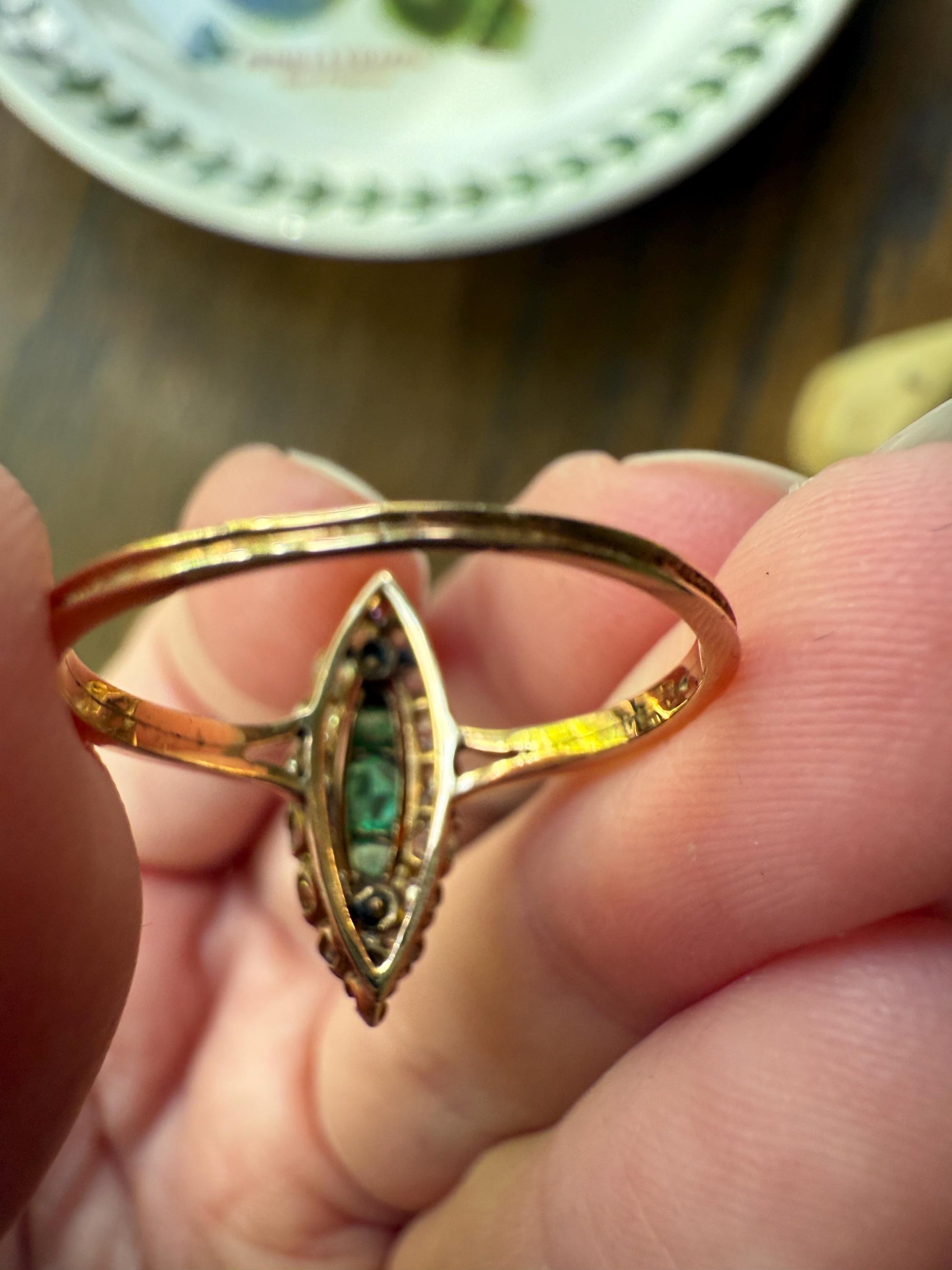 Emerald Five Stone Antique Old Mine Cut DIAMOND Halo Navette Ring 18k Gold Skinny Green Sparkle Stacker Victorian Romantic Gift Linear OMC