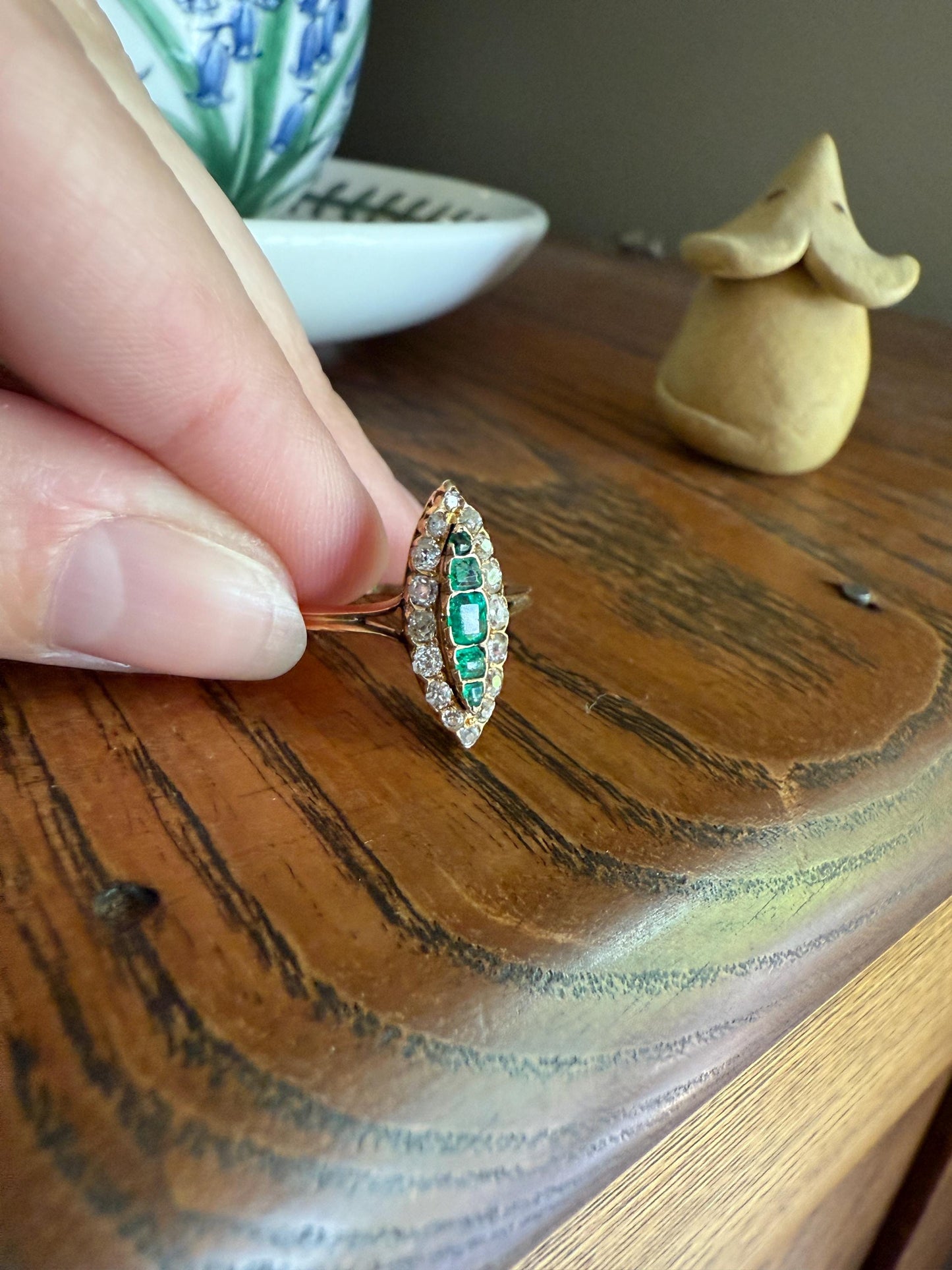 Emerald Five Stone Antique Old Mine Cut DIAMOND Halo Navette Ring 18k Gold Skinny Green Sparkle Stacker Victorian Romantic Gift Linear OMC
