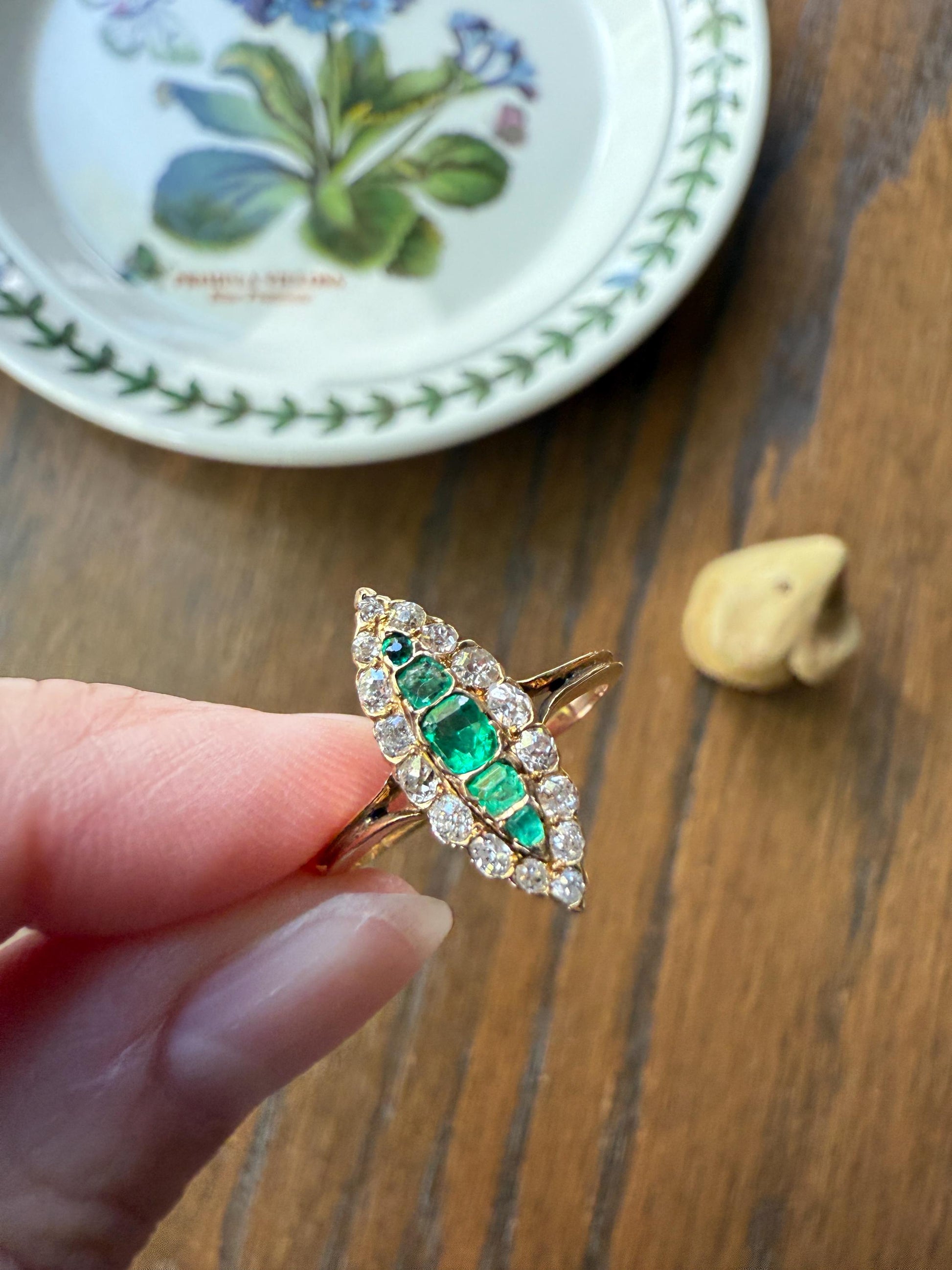 Emerald Five Stone Antique Old Mine Cut DIAMOND Halo Navette Ring 18k Gold Skinny Green Sparkle Stacker Victorian Romantic Gift Linear OMC