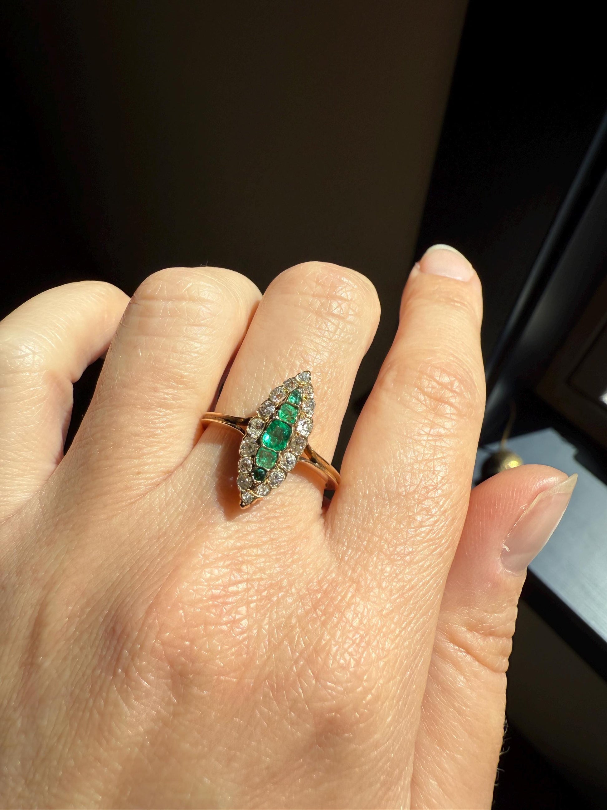 Emerald Five Stone Antique Old Mine Cut DIAMOND Halo Navette Ring 18k Gold Skinny Green Sparkle Stacker Victorian Romantic Gift Linear OMC