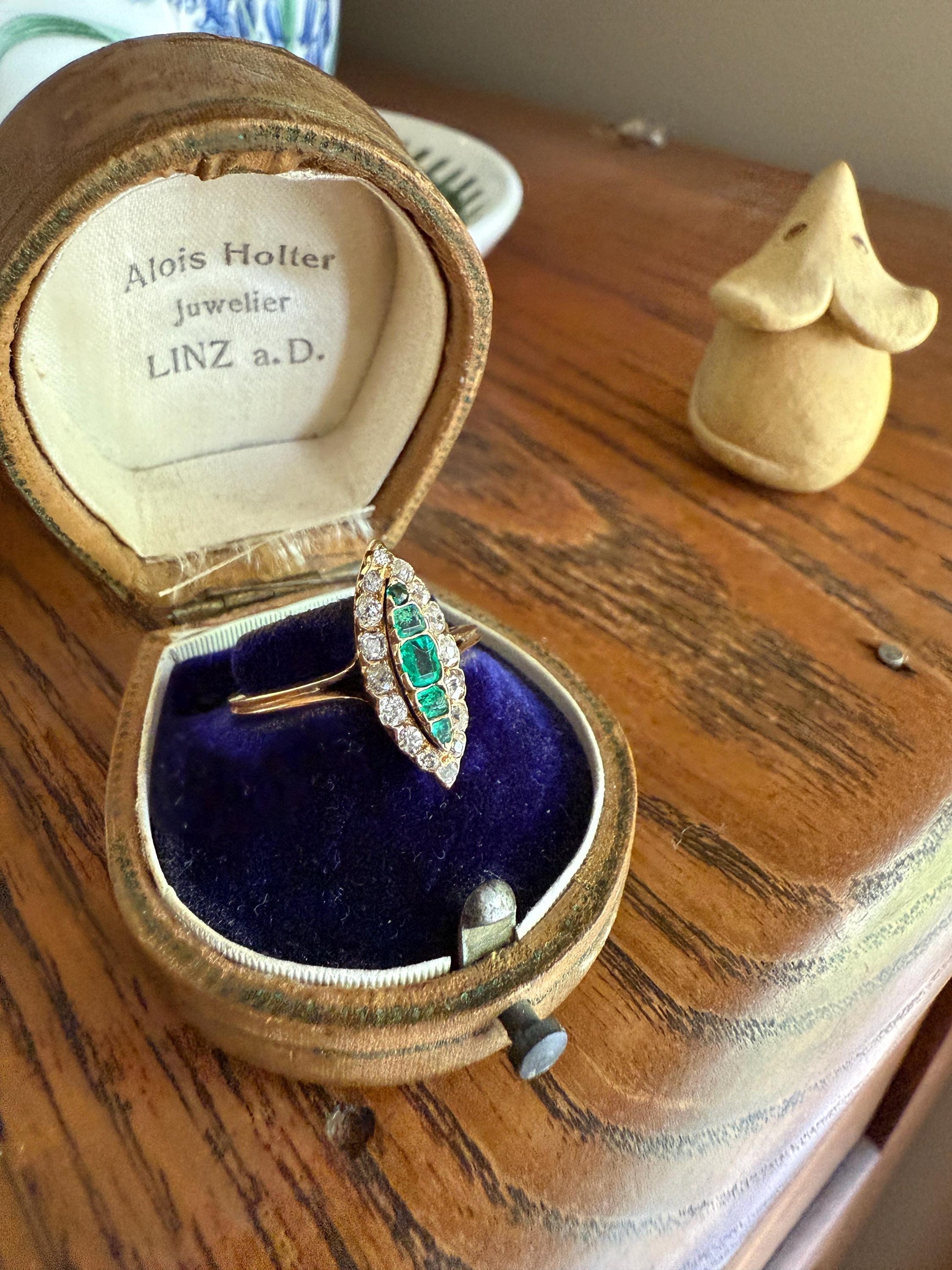 Emerald Five Stone Antique Old Mine Cut DIAMOND Halo Navette Ring 18k Gold Skinny Green Sparkle Stacker Victorian Romantic Gift Linear OMC
