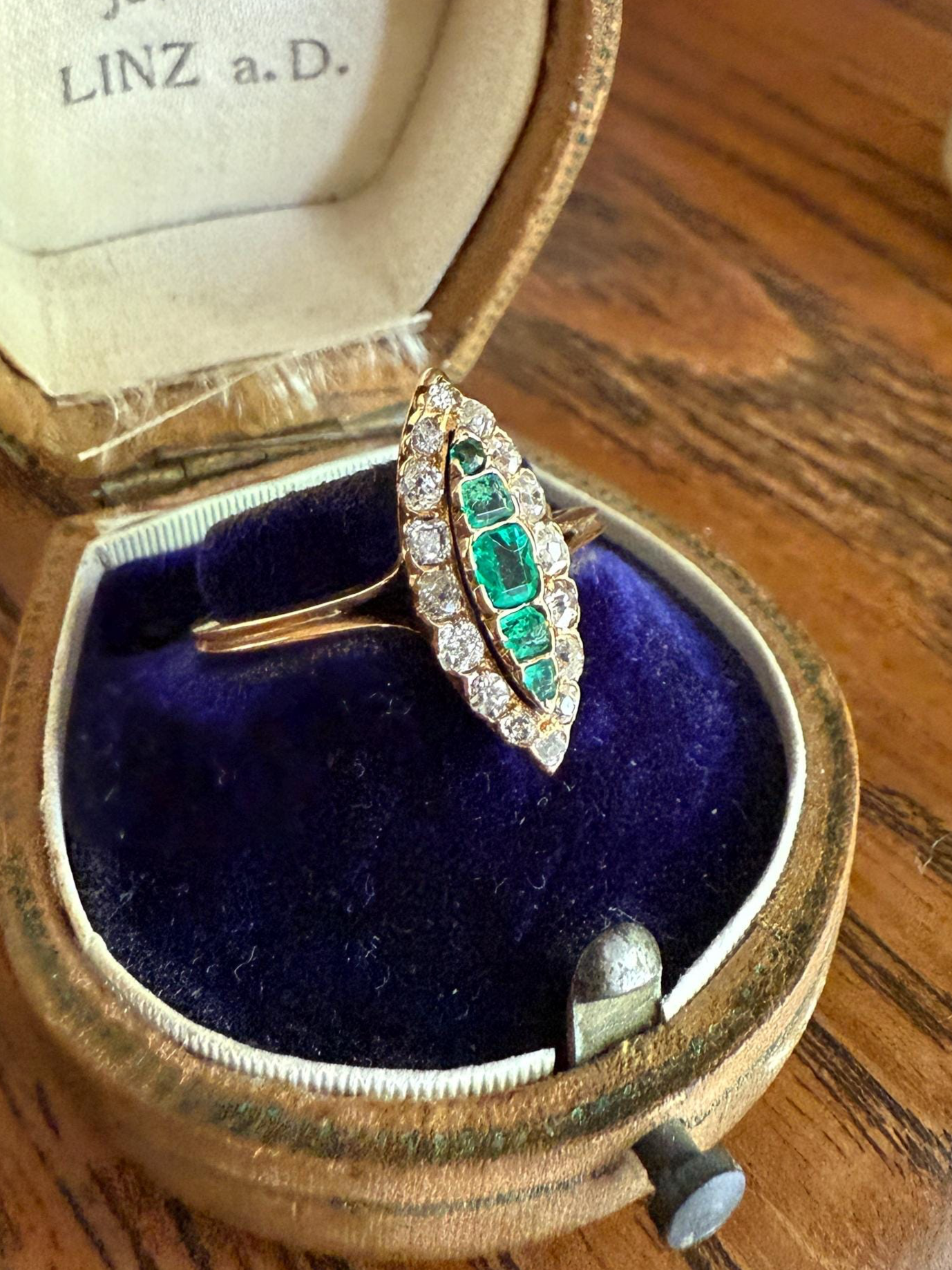 Emerald Five Stone Antique Old Mine Cut DIAMOND Halo Navette Ring 18k Gold Skinny Green Sparkle Stacker Victorian