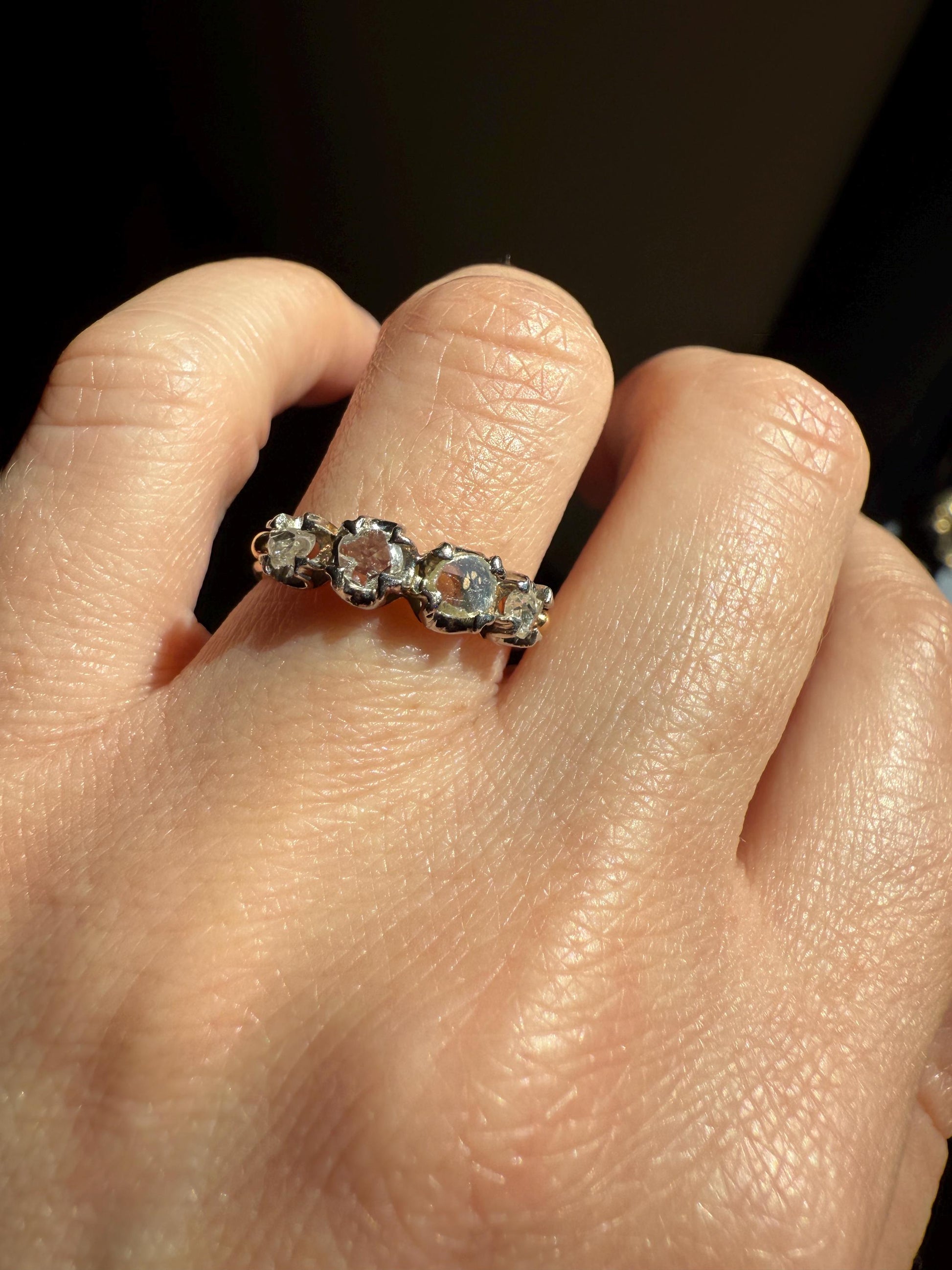 Unique Four Stone Rose Cut Diamond Antique Victorian Stacker Ring 18k Gold Skinny Band Half Hoop Ball Rivet Open Back Sparkle