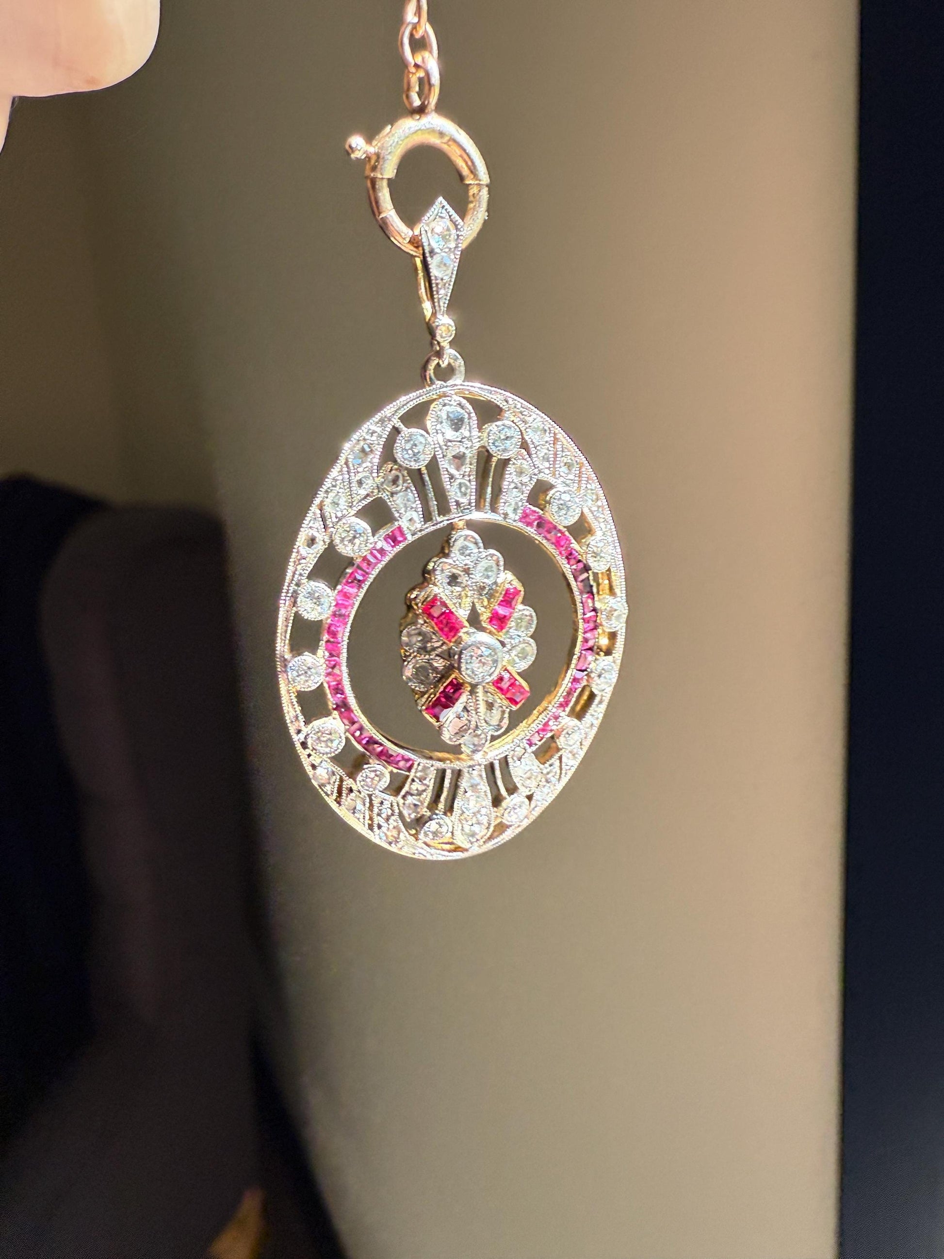XL French Edwardian Ruby 1.75 Carat Old Mine Rose Cut DIAMOND Oval Pendant Open Work Medallion Pink Carre Cut Halo Ornate Sparkle 1 3/4 OMC