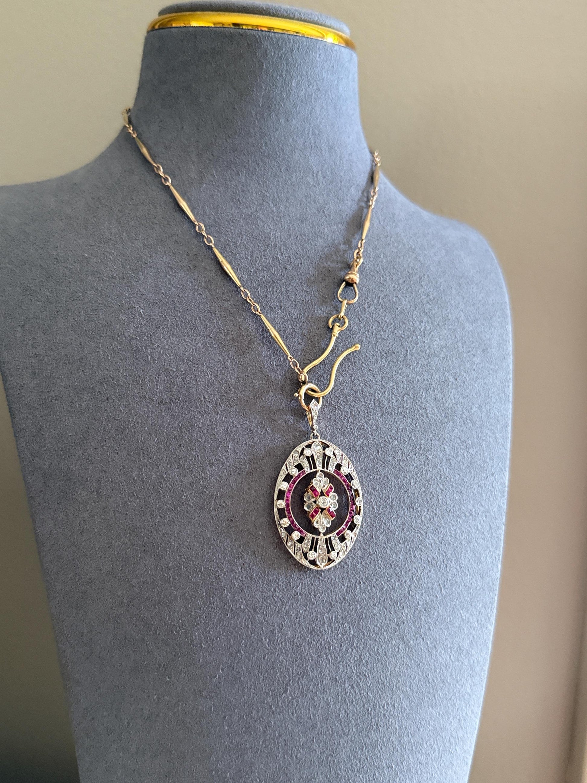XL French Edwardian Ruby 1.75 Carat Old Mine Rose Cut DIAMOND Oval Pendant Open Work Medallion Pink Carre Cut Halo Ornate Sparkle 1 3/4 OMC