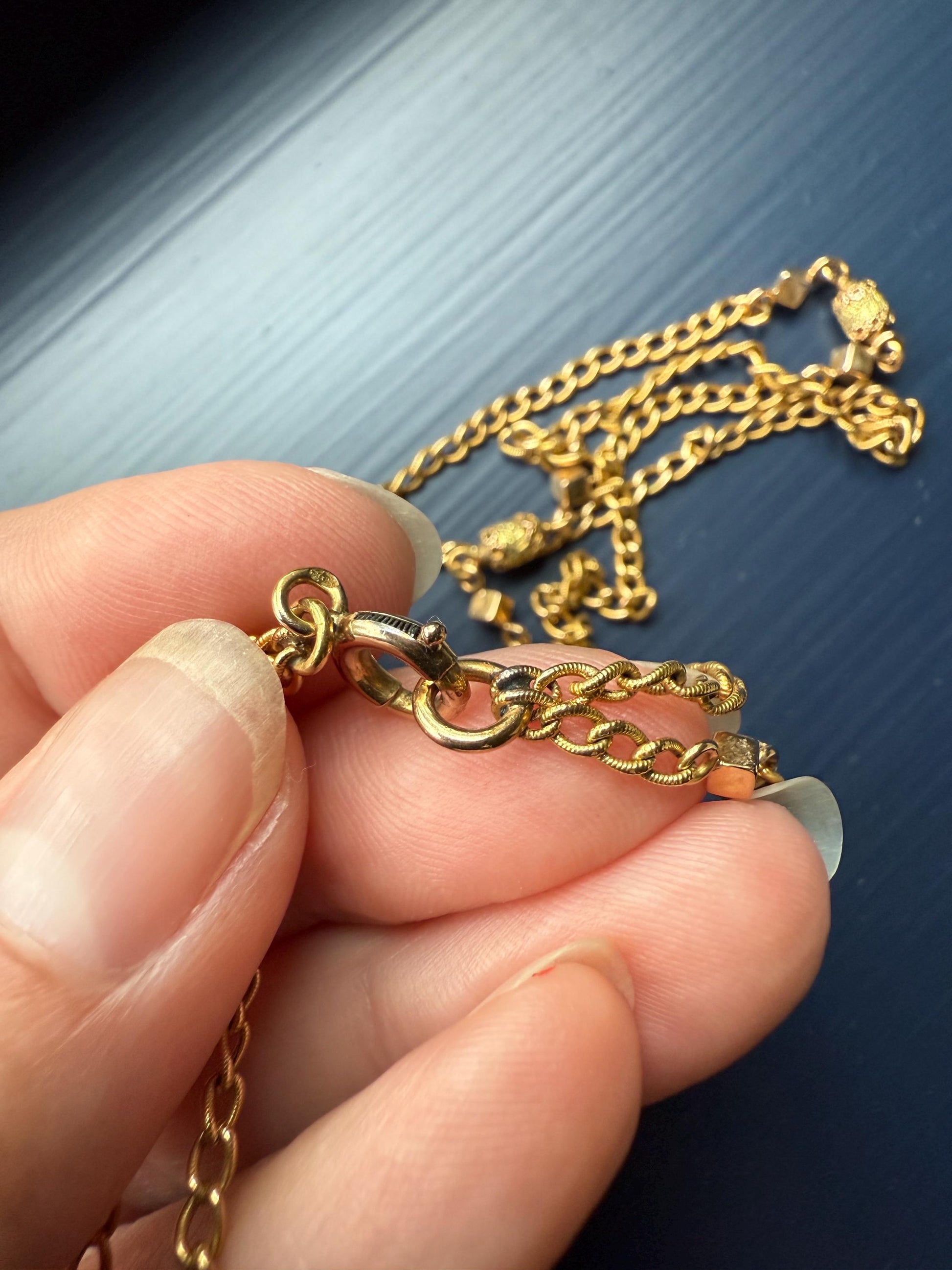CUBE & Tricolor Oval French VICTORIAN Green 18k Gold 11.2g Extra Long Guard Cable Link Muff Double Chain Necklace Pendant Holder Bracelet