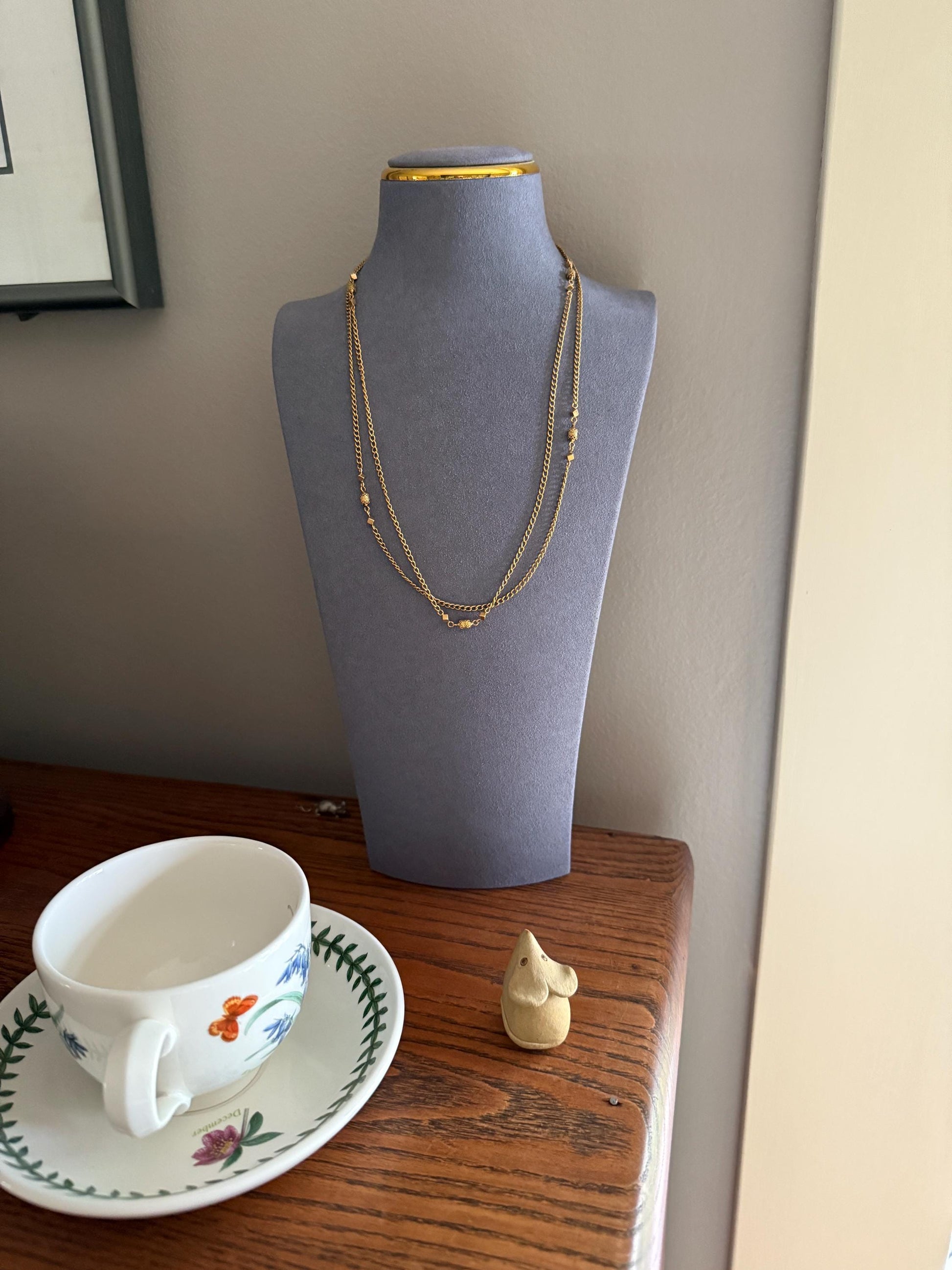 CUBE & Tricolor Oval French VICTORIAN Green 18k Gold 11.2g Extra Long Guard Cable Link Muff Double Chain Necklace Pendant Holder Bracelet