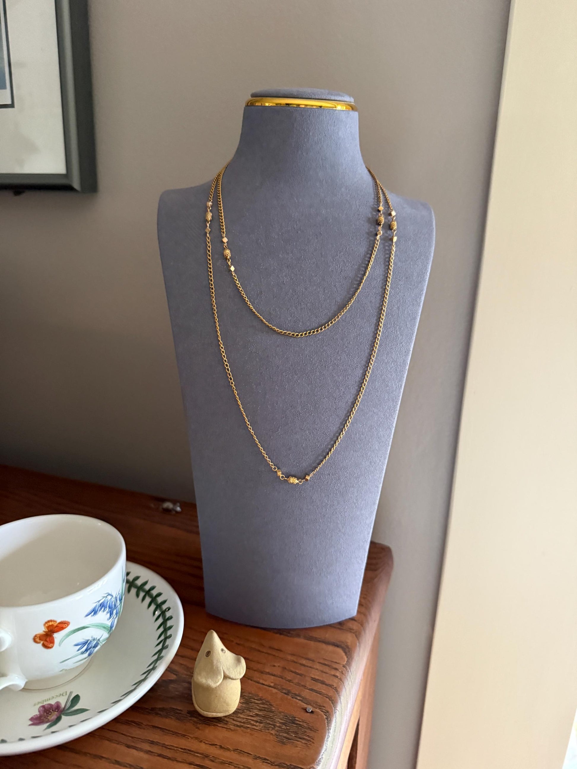 CUBE & Tricolor Oval French VICTORIAN Green 18k Gold 11.2g Extra Long Guard Cable Link Muff Double Chain Necklace Pendant Holder Bracelet