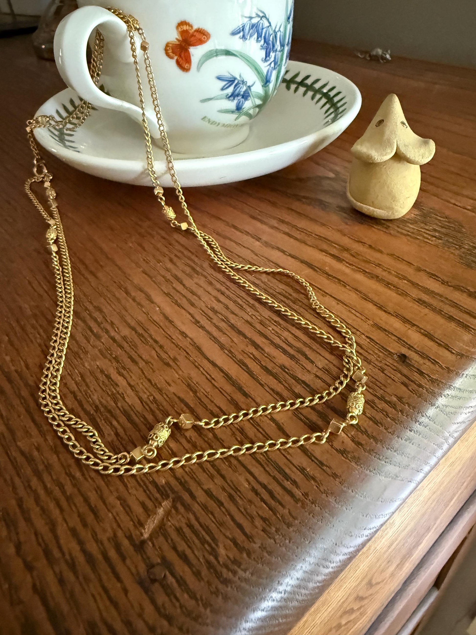 CUBE & Tricolor Oval French VICTORIAN Green 18k Gold 11.2g Extra Long Guard Cable Link Muff Double Chain Necklace Pendant Holder Bracelet