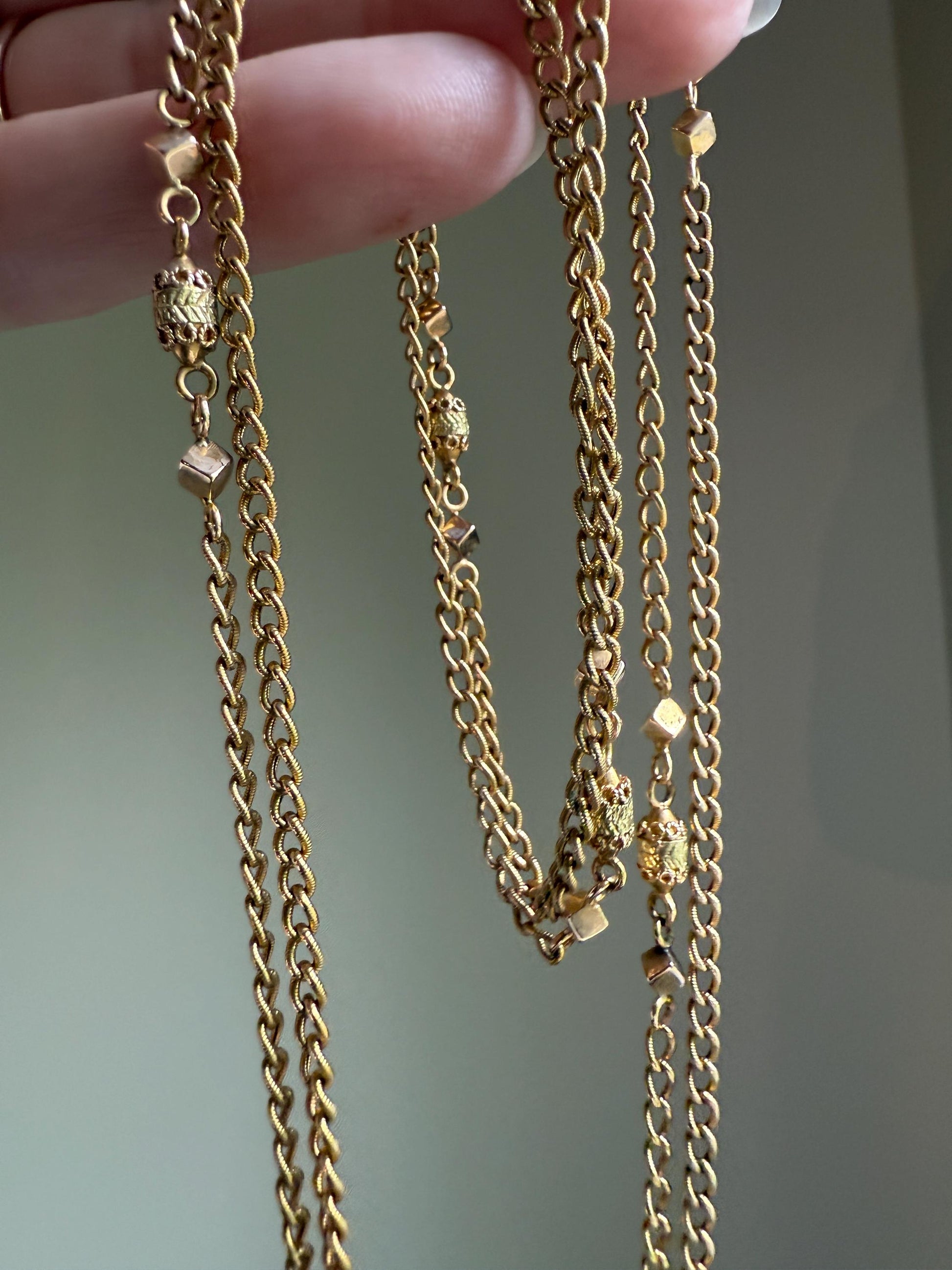 CUBE & Tricolor Oval French VICTORIAN Green 18k Gold 11.2g Extra Long Guard Cable Link Muff Double Chain Necklace Pendant Holder Bracelet