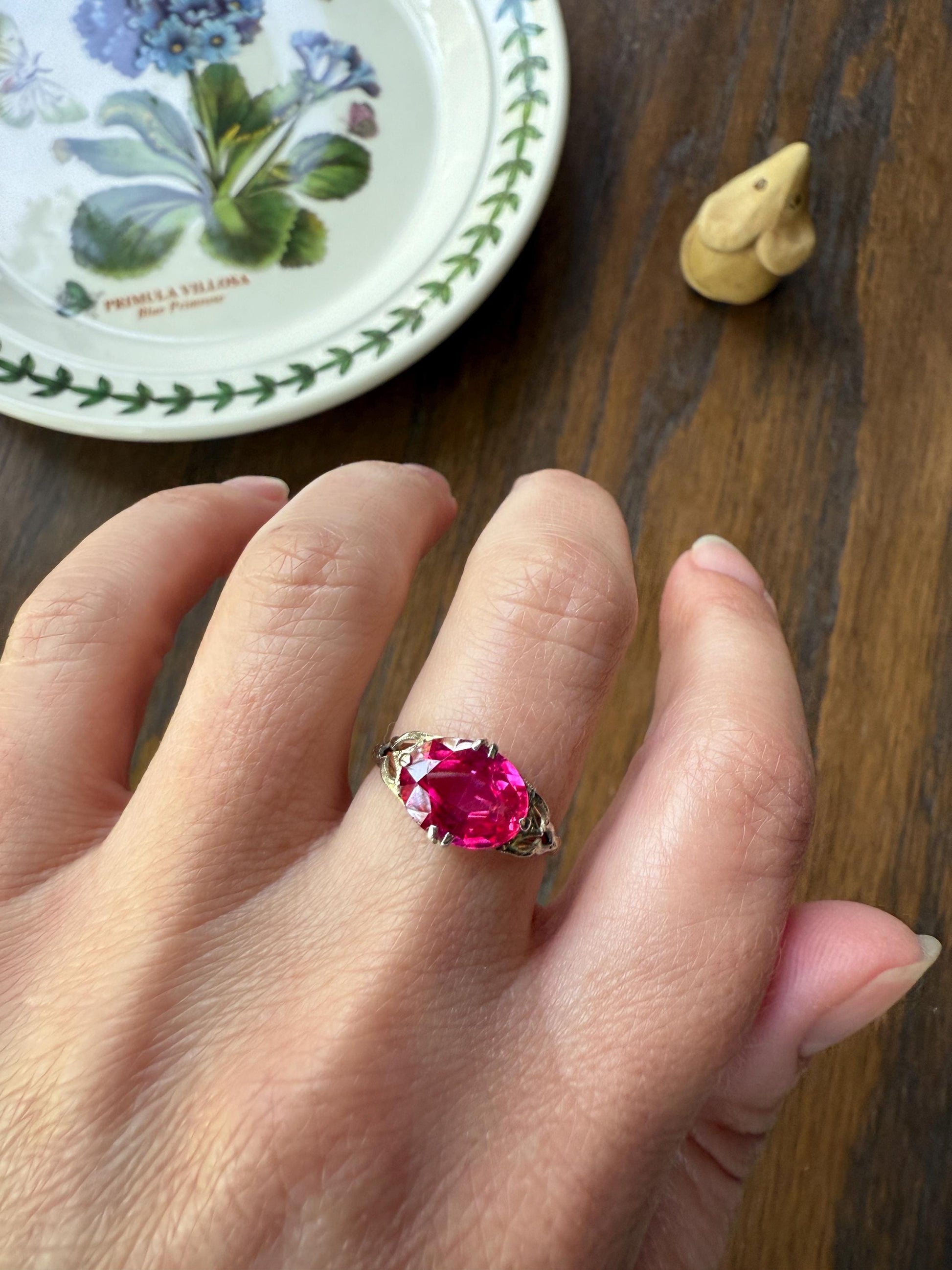 Antique Edwardian Art Deco East West Pink RUBY 18k Gold Fuchsia Oval Belle Epoque Stacker Colorful Geometric Romantic Gift Vibrant Color