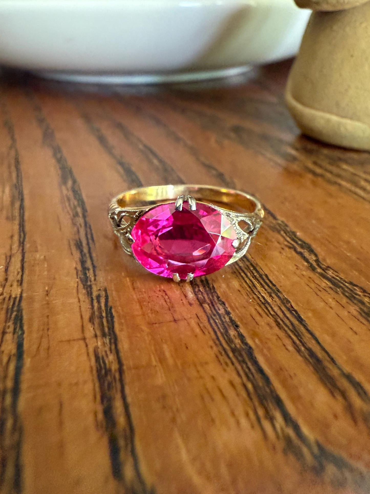 Antique Edwardian Art Deco East West Pink RUBY 18k Gold Fuchsia Oval Belle Epoque Stacker