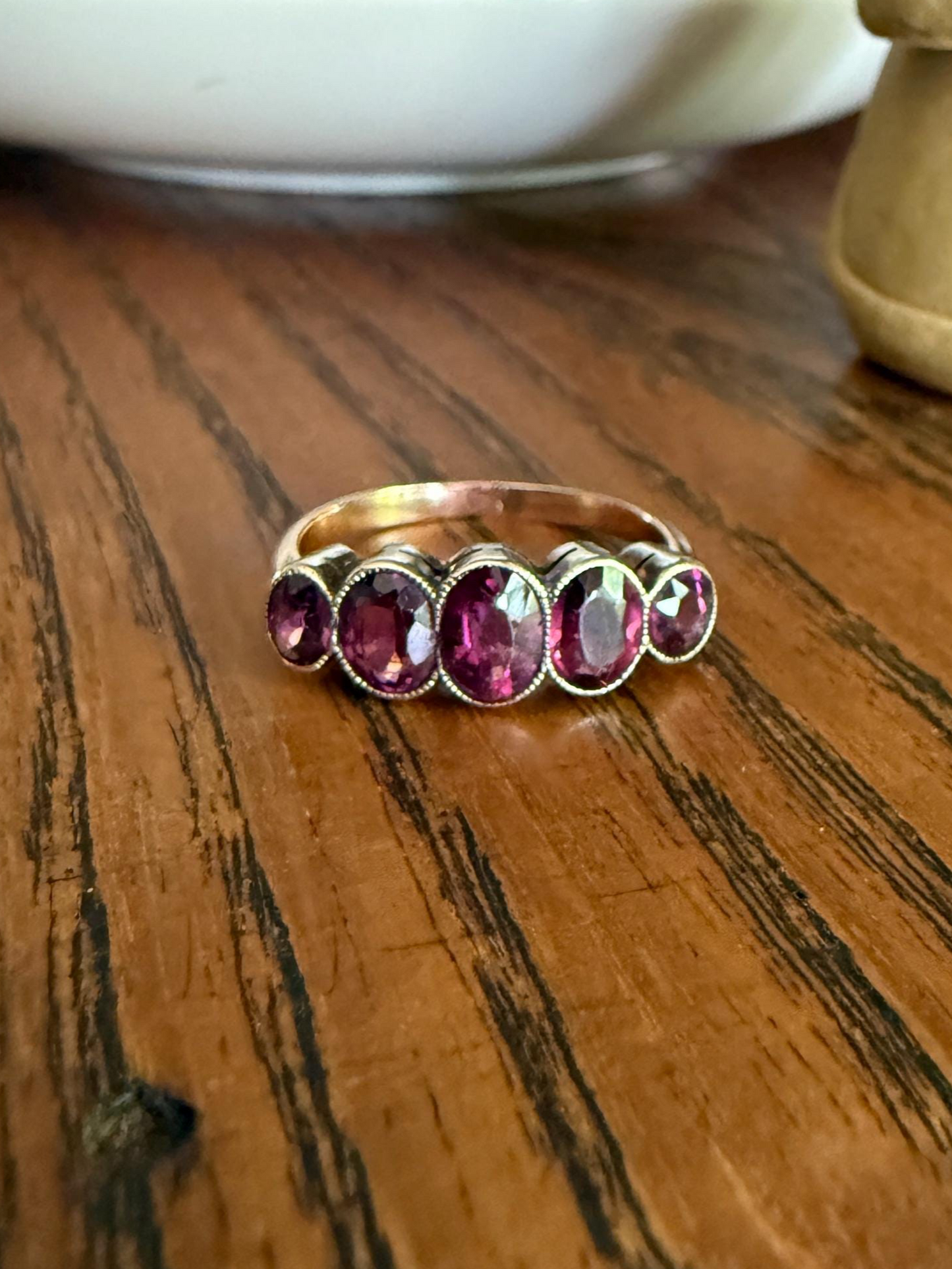 Antique Almandine GARNET Five Stone Oval Stacker Band 10k Gold Ring Purple Berry Color Graduating