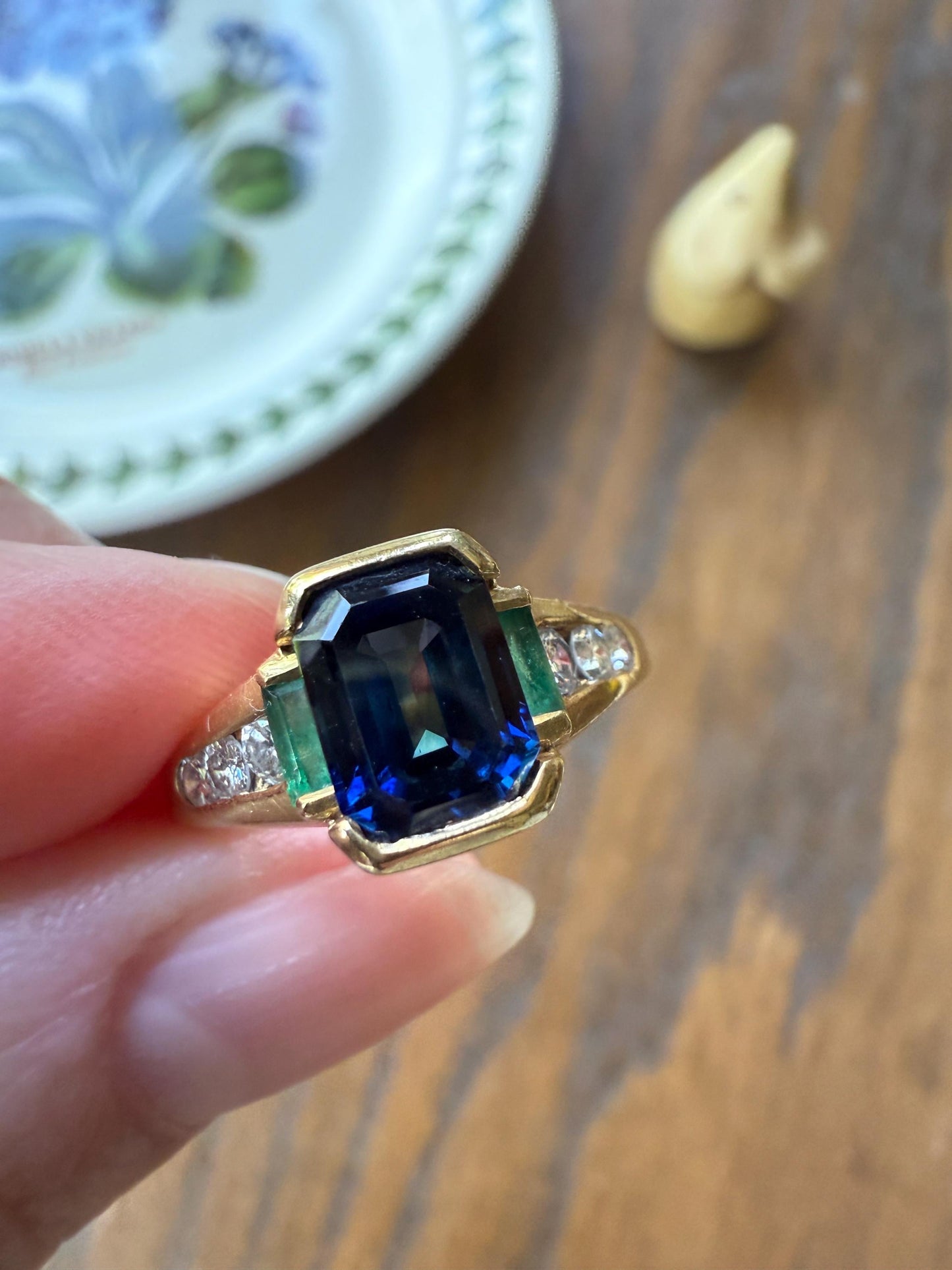 Vintage Rectangular Sapphire Emerald Diamond Ring French 18k Gold Band Retro Stacker Blue Green Sparkle Unisex Gift