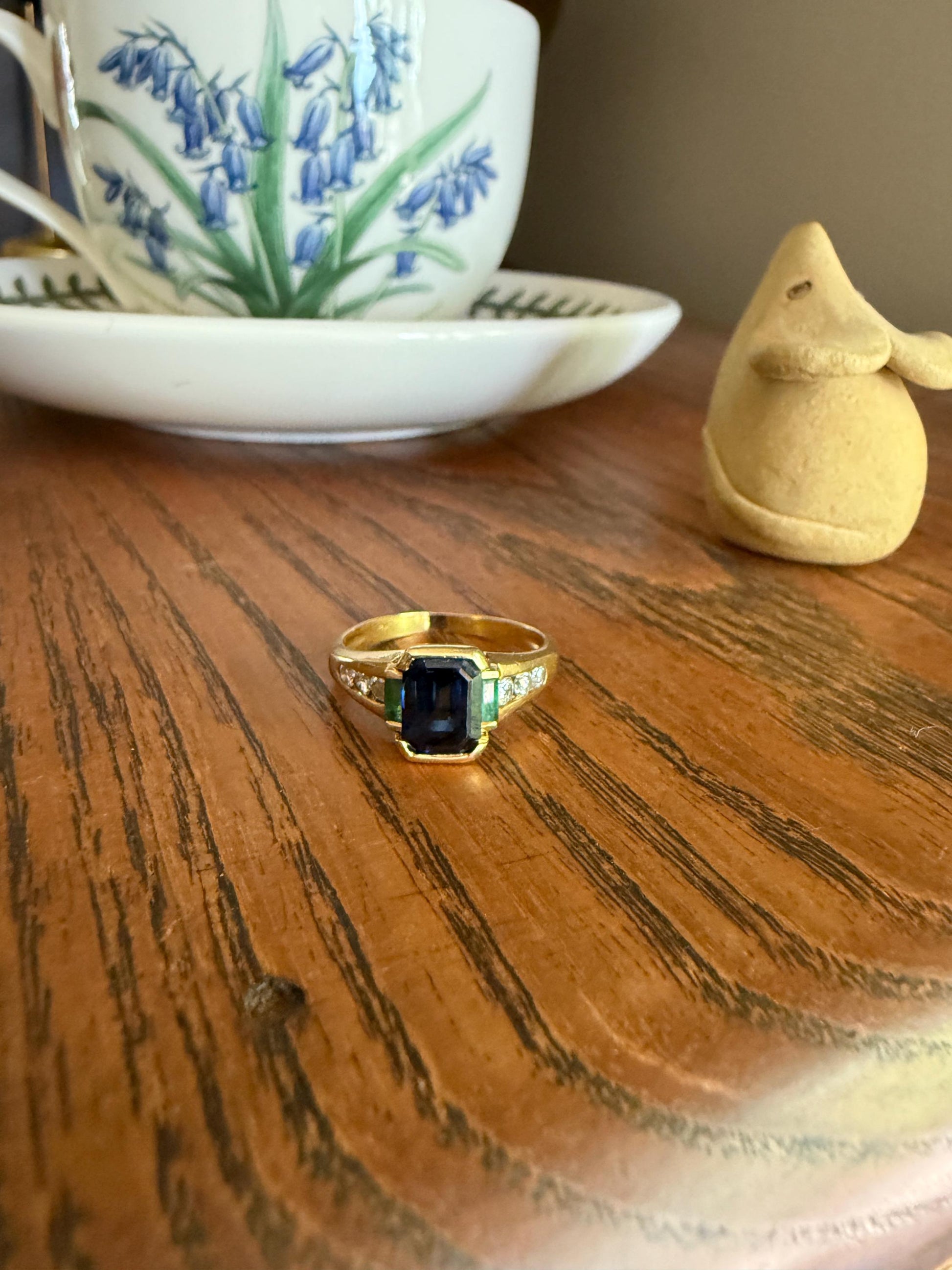 Vintage Rectangular Sapphire Emerald Diamond Ring French 18k Gold Band Retro Stacker Blue Green Sparkle Unisex Gift