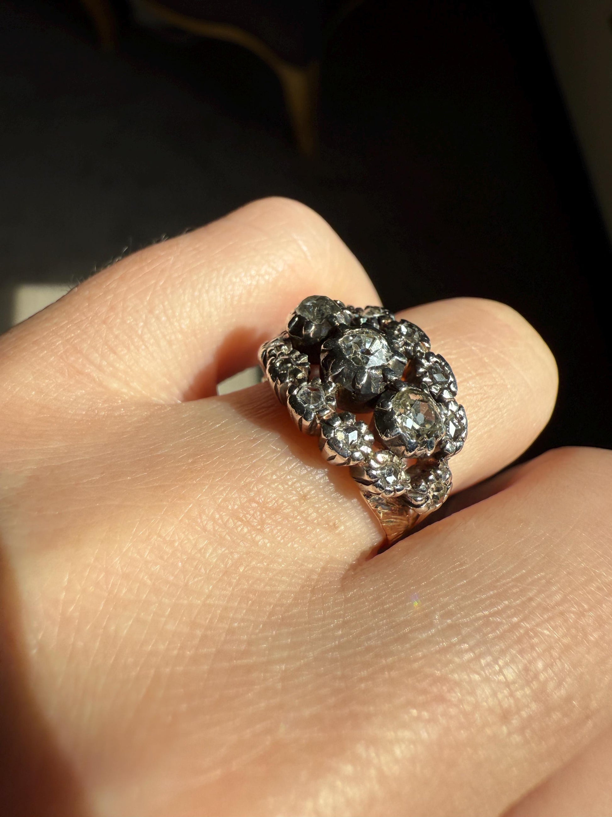 GEORGIAN Era Antique 1.5 Carat Spanish Iberian Triple Row Old Mine Rose Cut Diamond Ring Engraved Band 18k Gold Silver Collet Stacker Gift