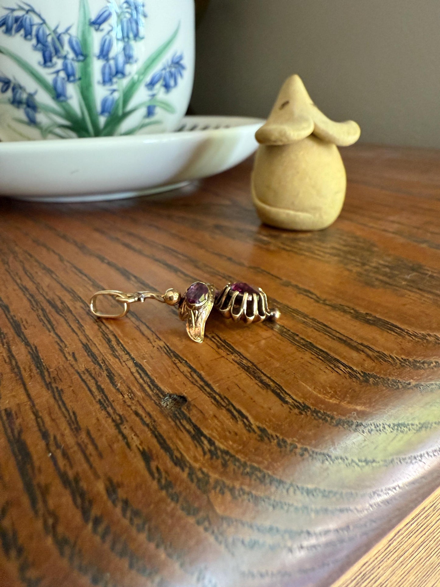 FLORAL Leaf Victorian French Perpignan GARNET Pendant Charm Dangle Pendant 18k Gold Rose Cut Closed Back Almandine Glowing Purple Pink Leaf